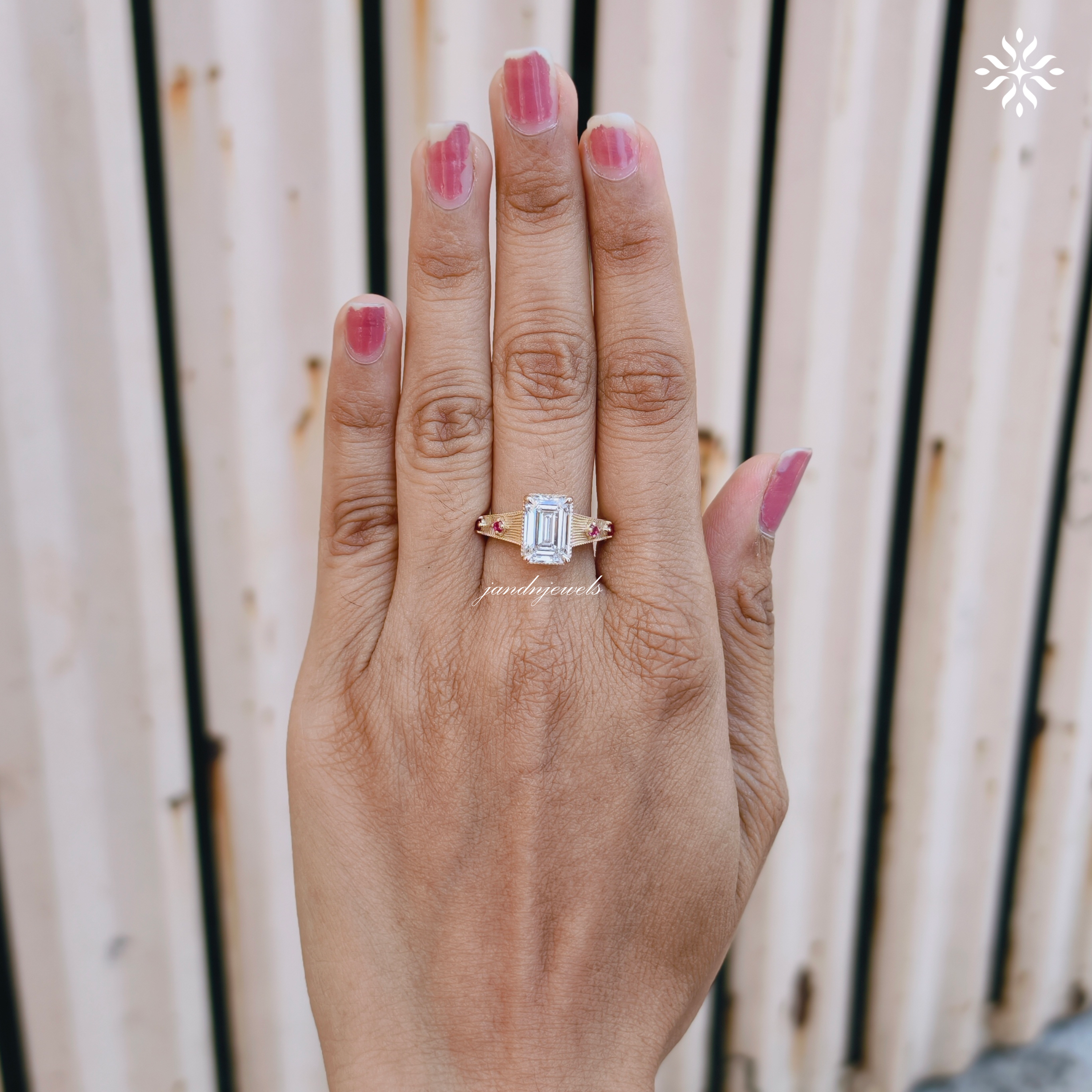3CT Emerald Cut Lab Grown Diamond Engagement Ring, Pink Sapphire Side Stone Ring, Vintage Inspired Engraved Band, 14K Gold Wedding Ring