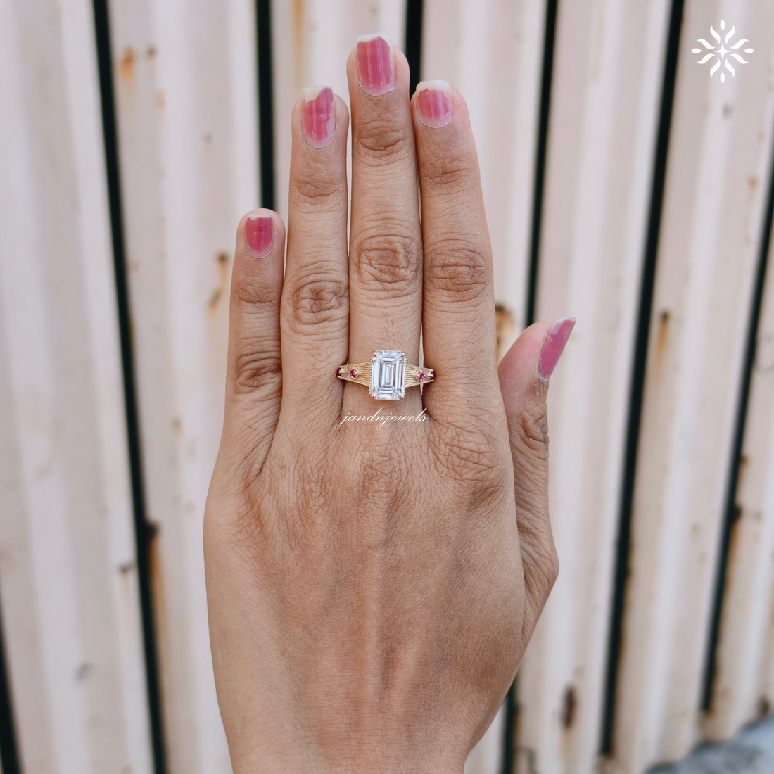 3CT Emerald Cut Lab Grown Diamond Engagement Ring, Pink Sapphire Side Stone Ring, Vintage Inspired Engraved Band, 14K Gold Wedding Ring