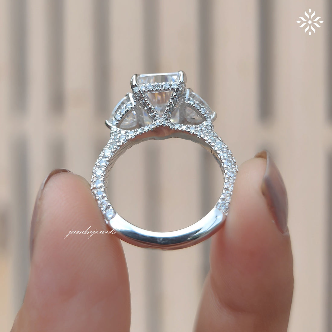 Three Stone Radiant Cut Moissanite Engagement Ring Side Stone Heart Ring