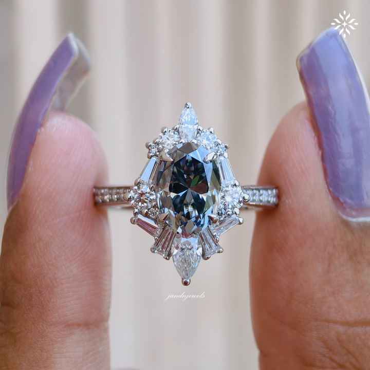 2CT Gray Oval Cut Moissanite Engagement Ring Starburst Halo Ring Cluster Halo Wedding Ring 14K Solid Gold Ring for her