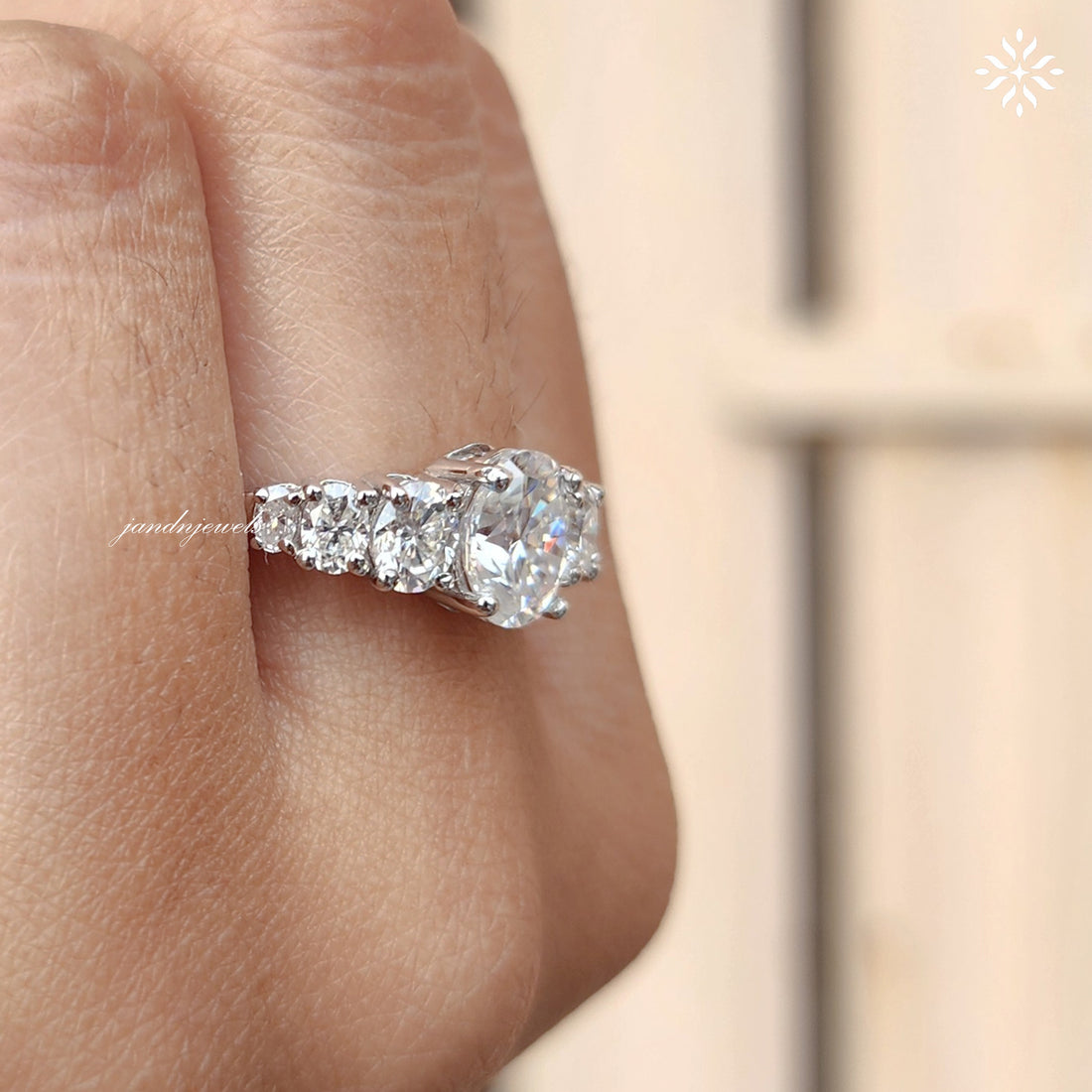 Oval Moissanite Ring with Graduated Side Stones Unique Eternity Engagement Ring Elegant White Gold Wedding Band for Her