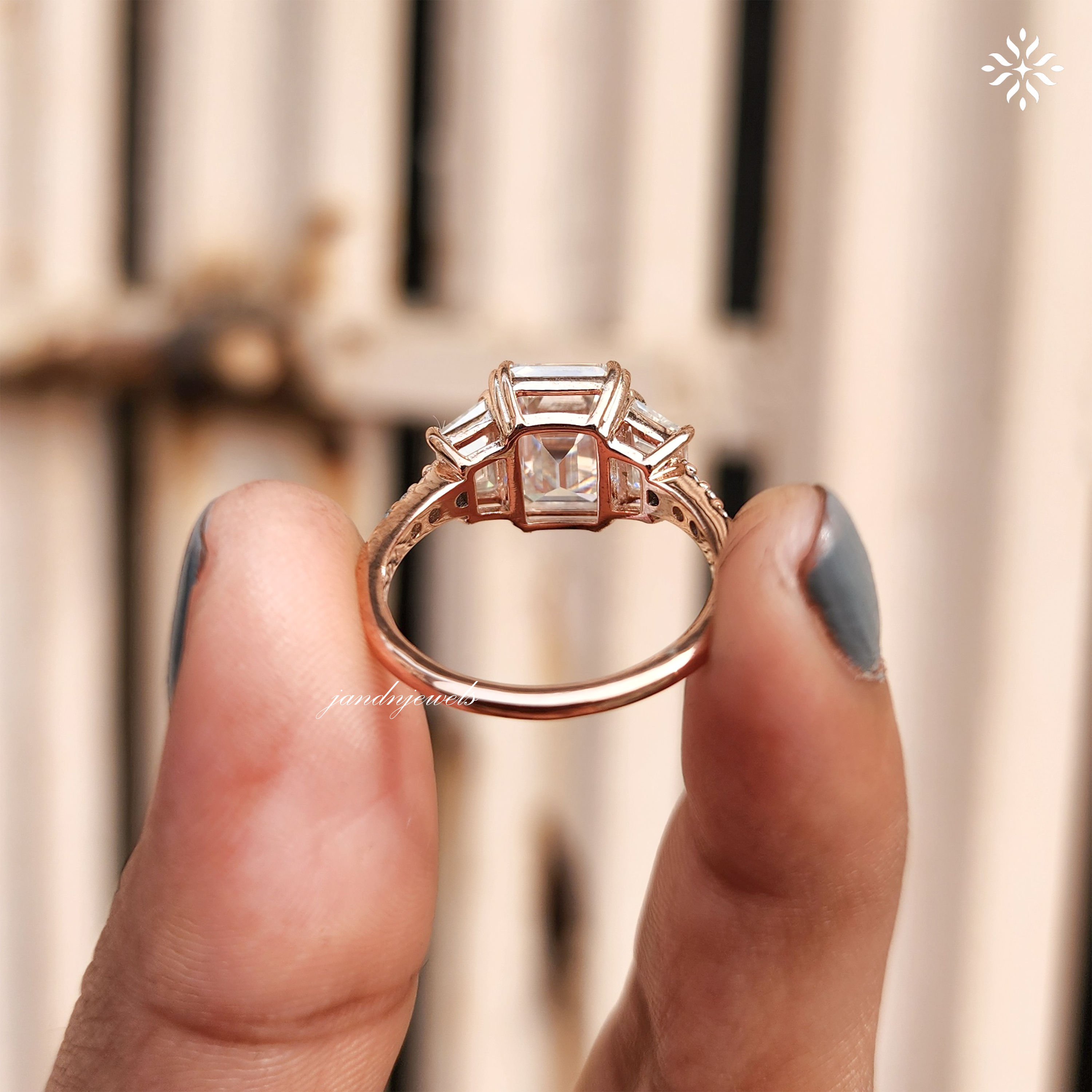 4CT Emerald Cut Moissanite Engagement Ring, Trapezoid Side Stone Ring, Hidden Halo 14K Gold Bridal Ring Set