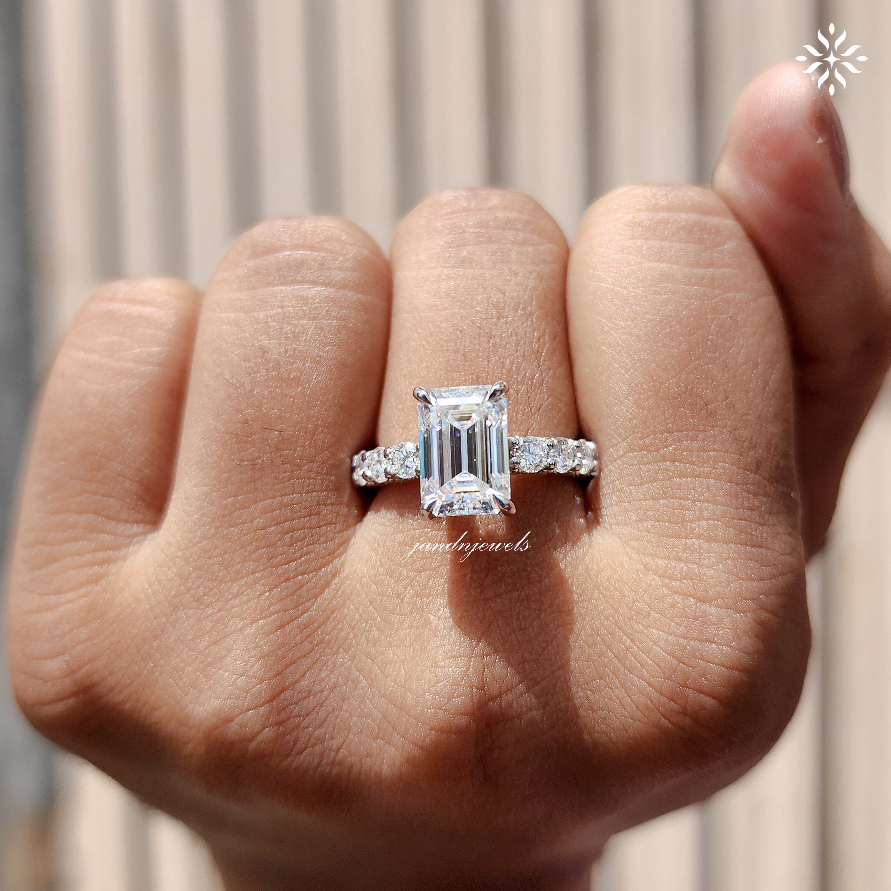 2.5CT Emerald Cut Moissanite Engagement Ring Unique Dabble Hidden Halo Ring 14K Solid Gold Ring for Women