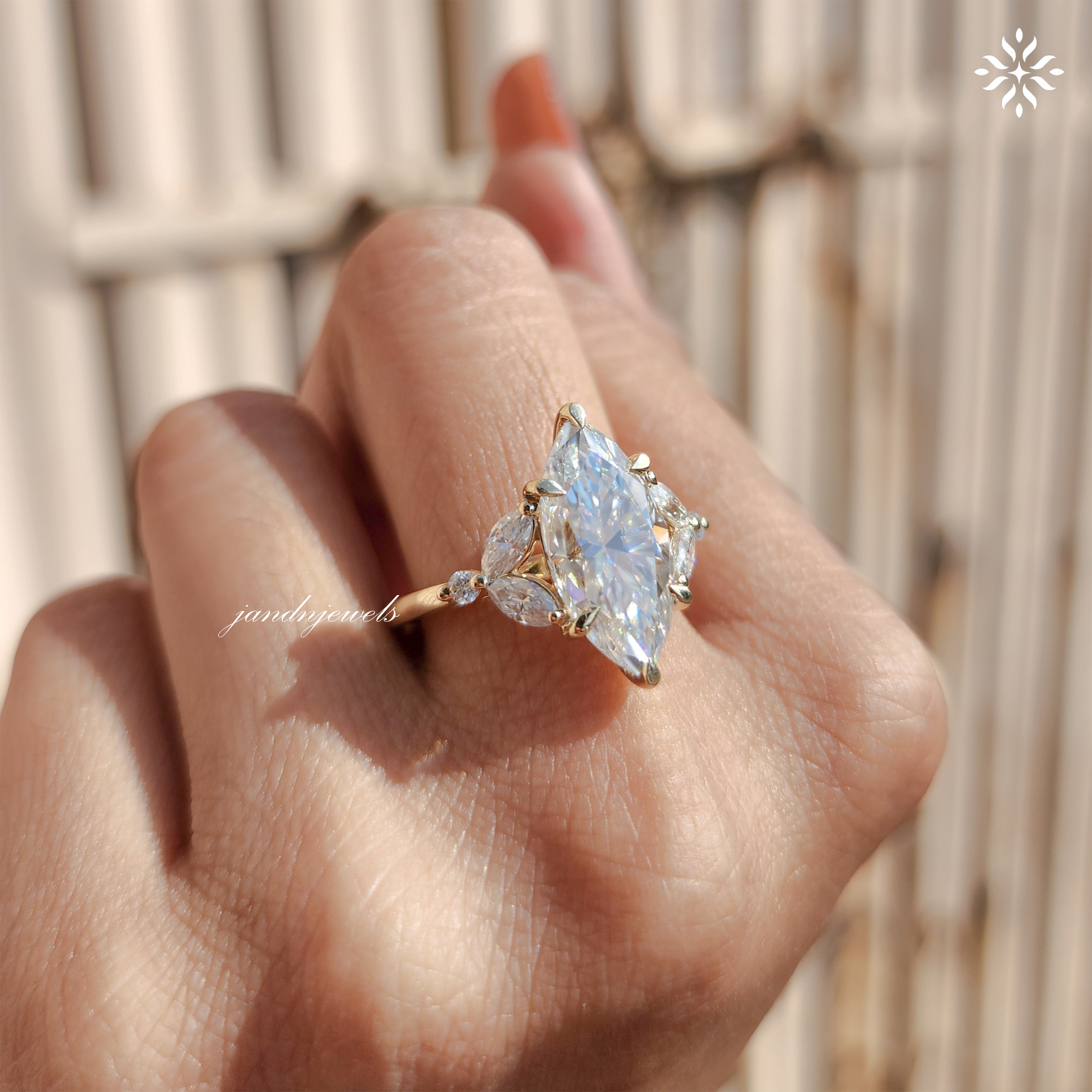 Marquise Moissanite Cluster Ring: Art Deco Solid Gold Anniversary Ring