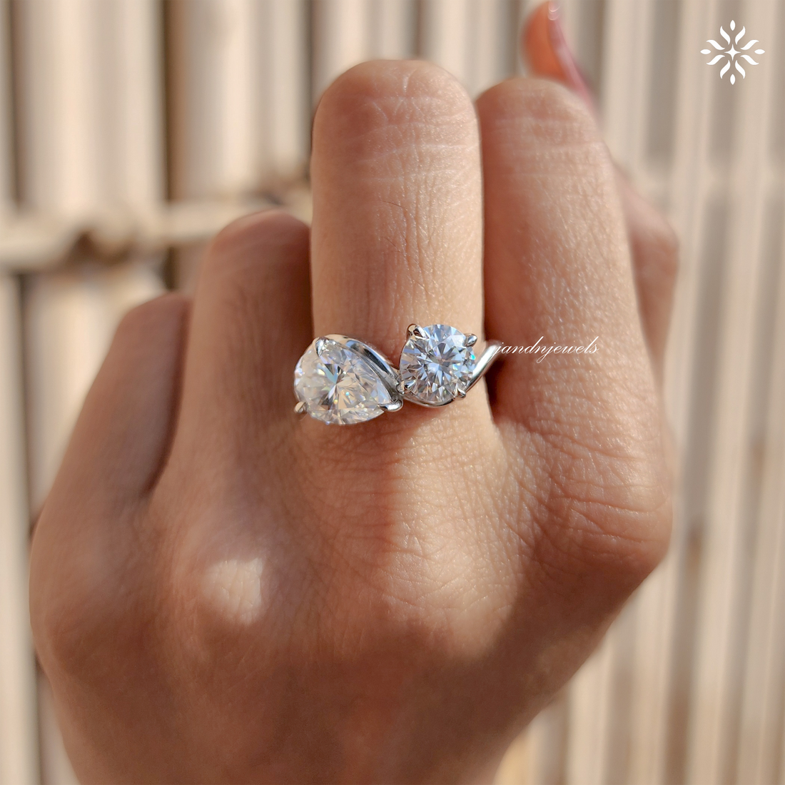 Pear & Round Cut Moissanite Engagement Ring, Toi Et Moi Ring, Bypass Shank Ring, 14K Solid Gold, Luxurious Two Stone Ring