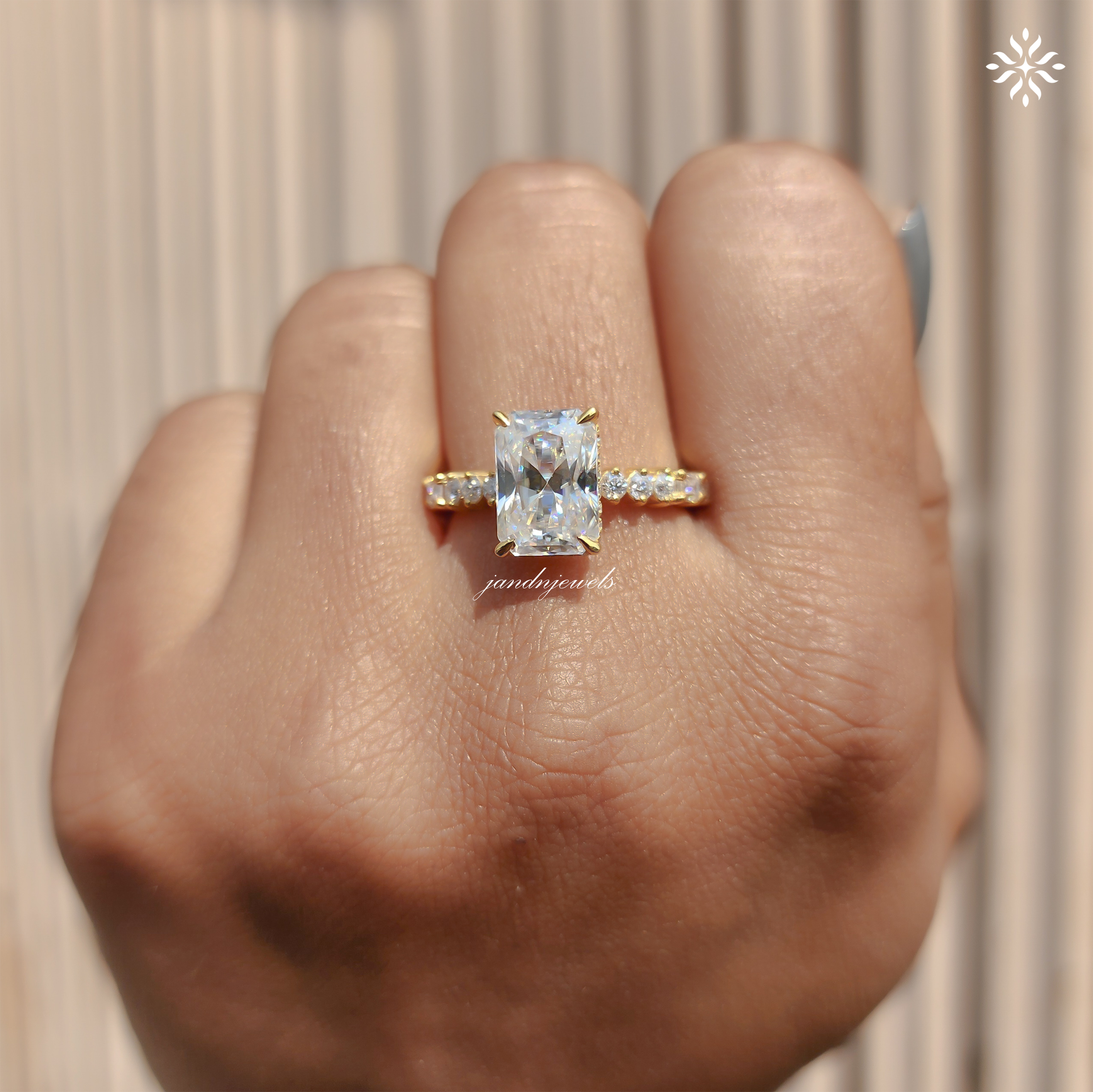 Radiant Cut Moissanite Engagement Ring Hidden Halo Radiant Cut Ring Baguette Band