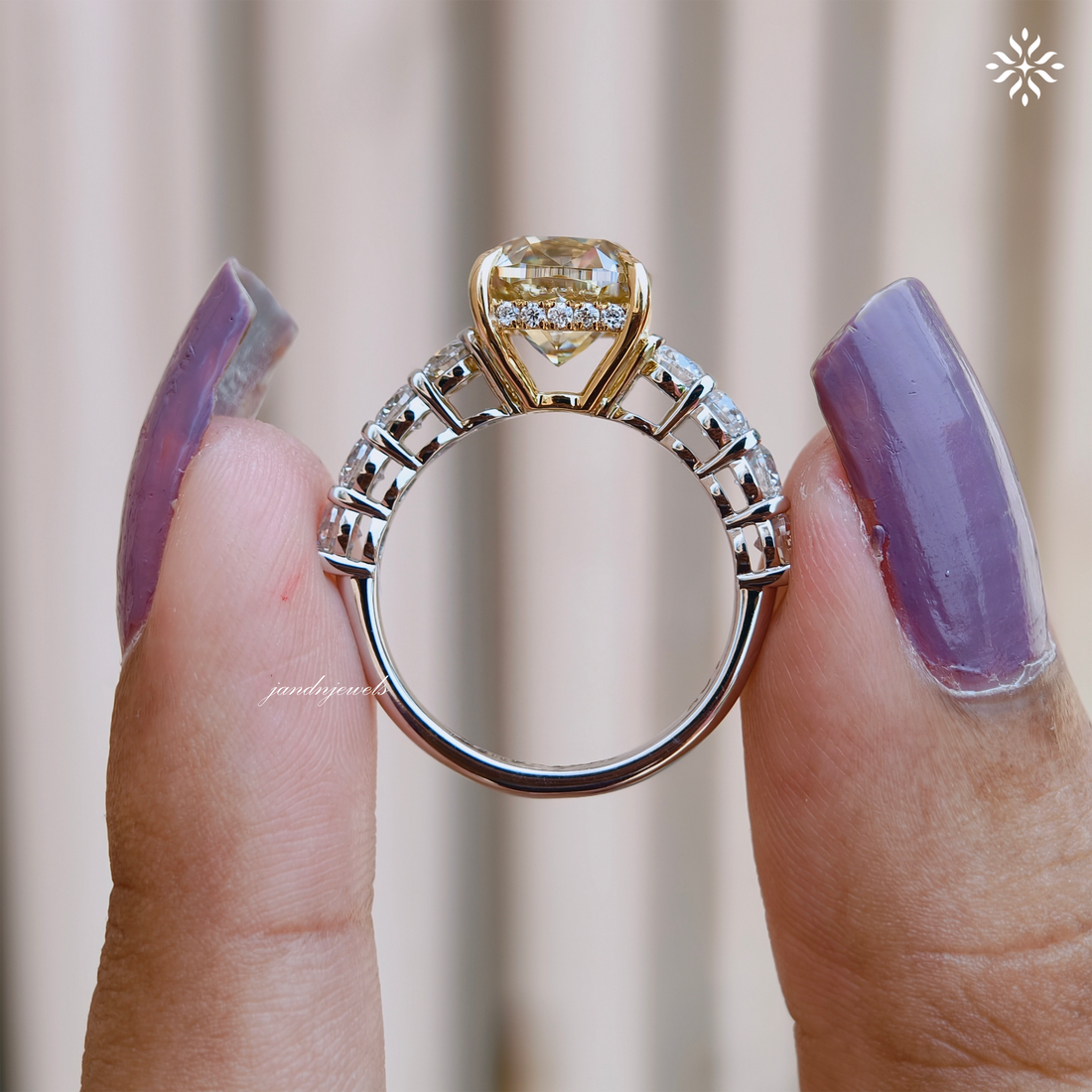 Fancy Intense Yellow Cushion Cut Lab Grown Diamond Engagement Ring Two Tone Ring Hidden Halo Ring Cathedral Setting Ring