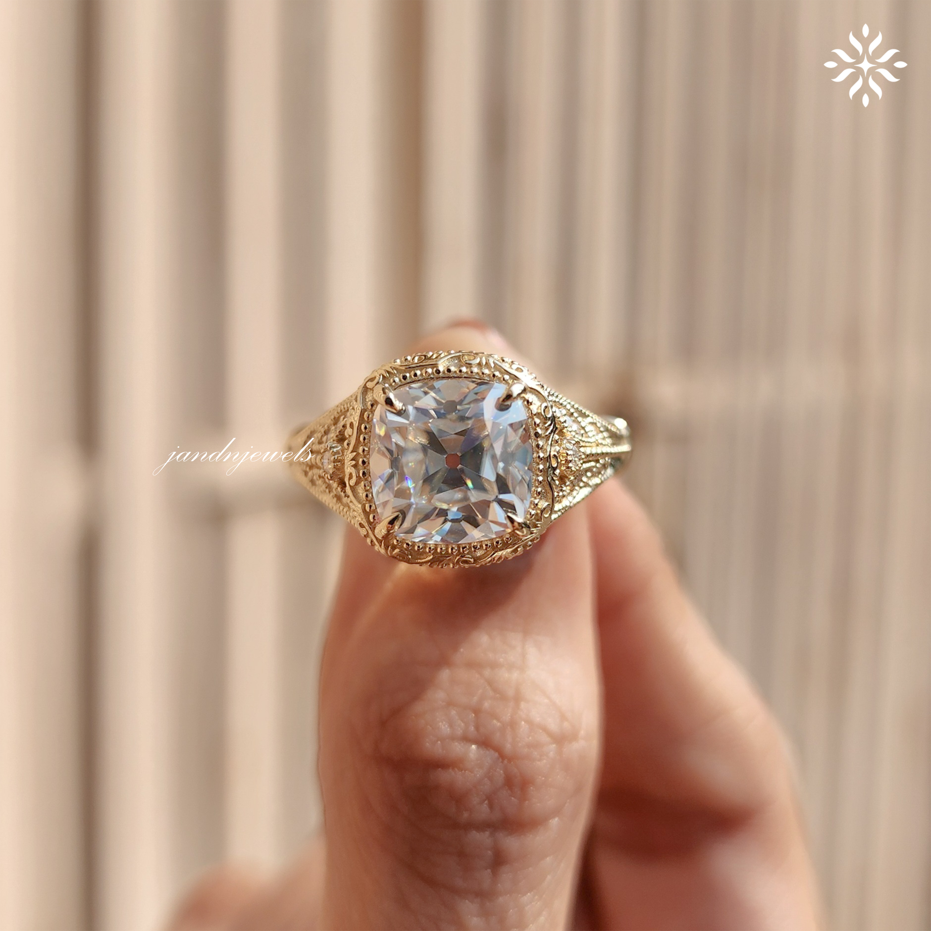 Art Deco Old Mine Cushion Cut Moissanite Engagement Ring Handcrafted Engraved Milgrain Ring 14K Solid Gold Vintage Ring, Taylor Swift Ring