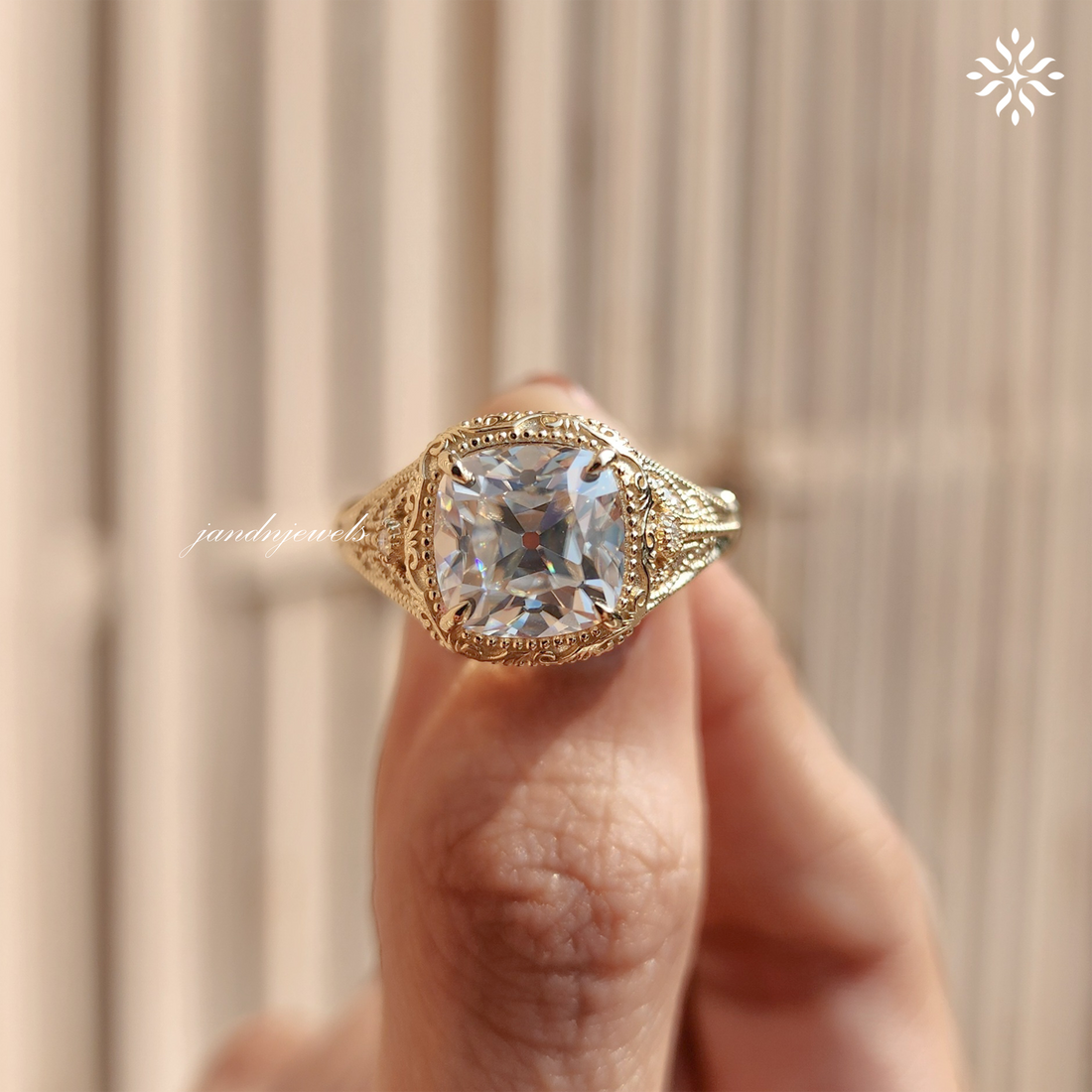 Art Deco Old Mine Cushion Cut Moissanite Engagement Ring Handcrafted Engraved Milgrain Ring 14K Solid Gold Vintage Ring, Taylor Swift Ring