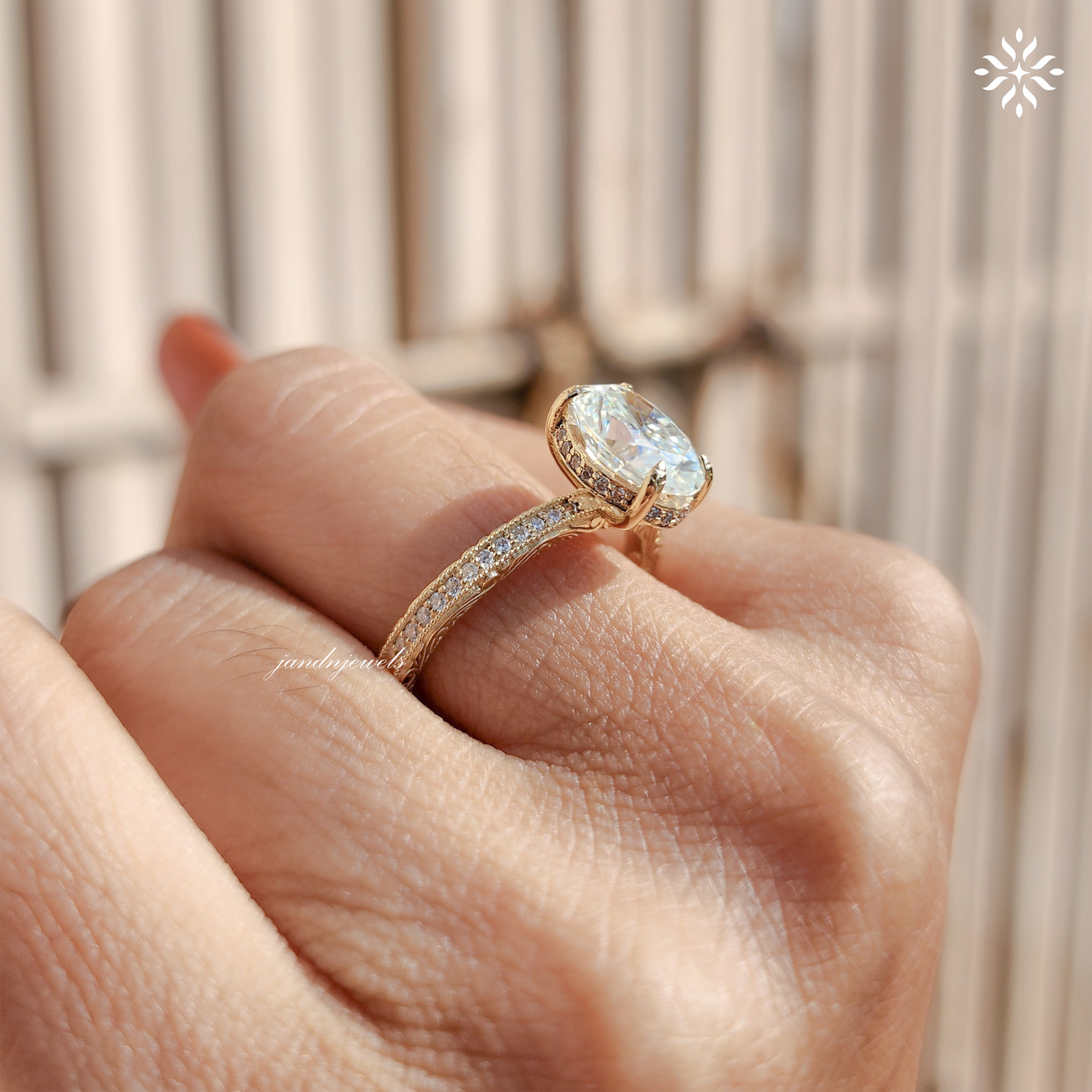 2CT Oval Cut Moissanite Engagement Ring Solitaire Diamond Ring Handcrafted Engraved Wedding Band 14K Solid Gold Hidden Halo Ring