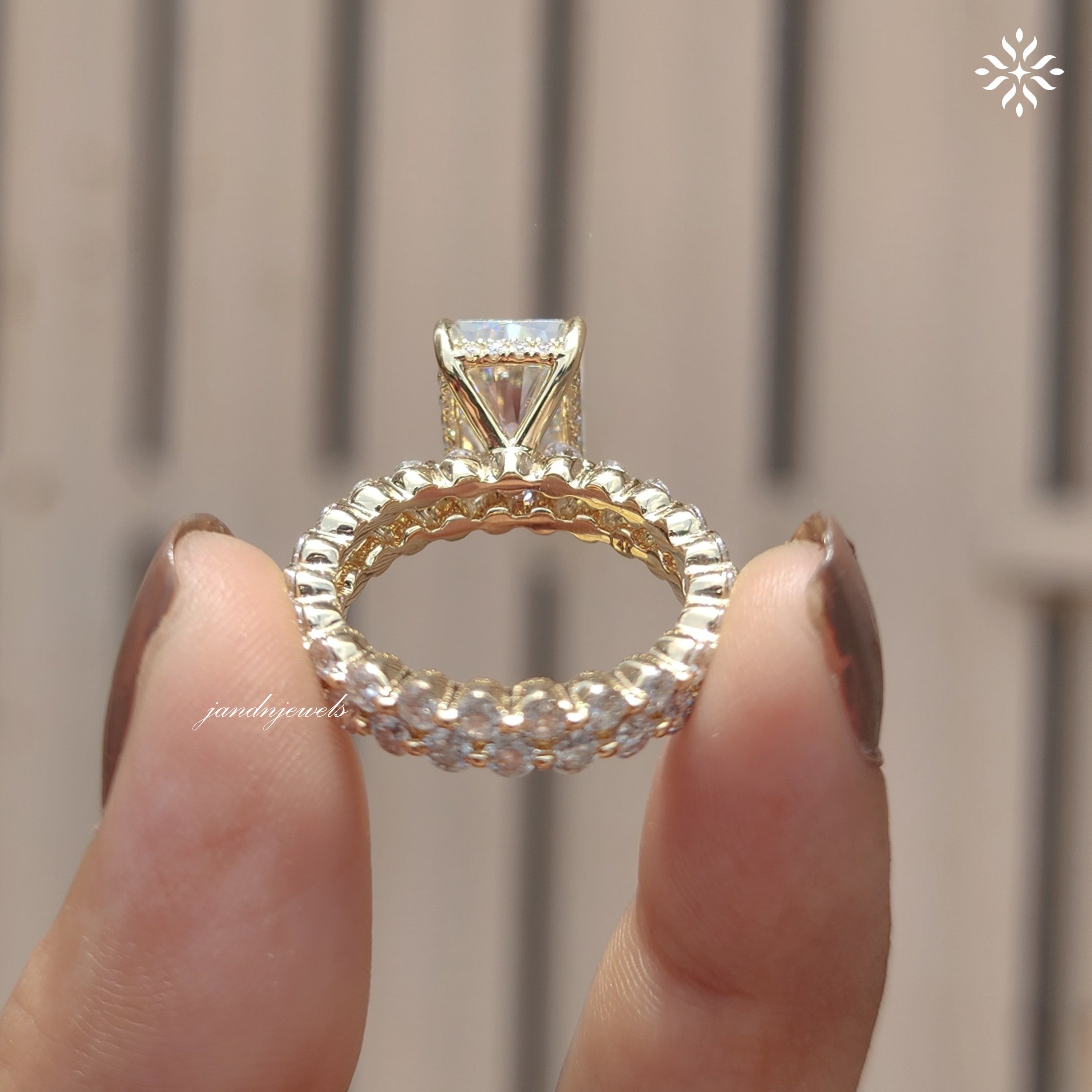 4CT Radiant Cut Moissanite Engagement Ring Set Bubble Band Ring Wedding Ring Set Bridal Ring Set Hidden Halo Ring