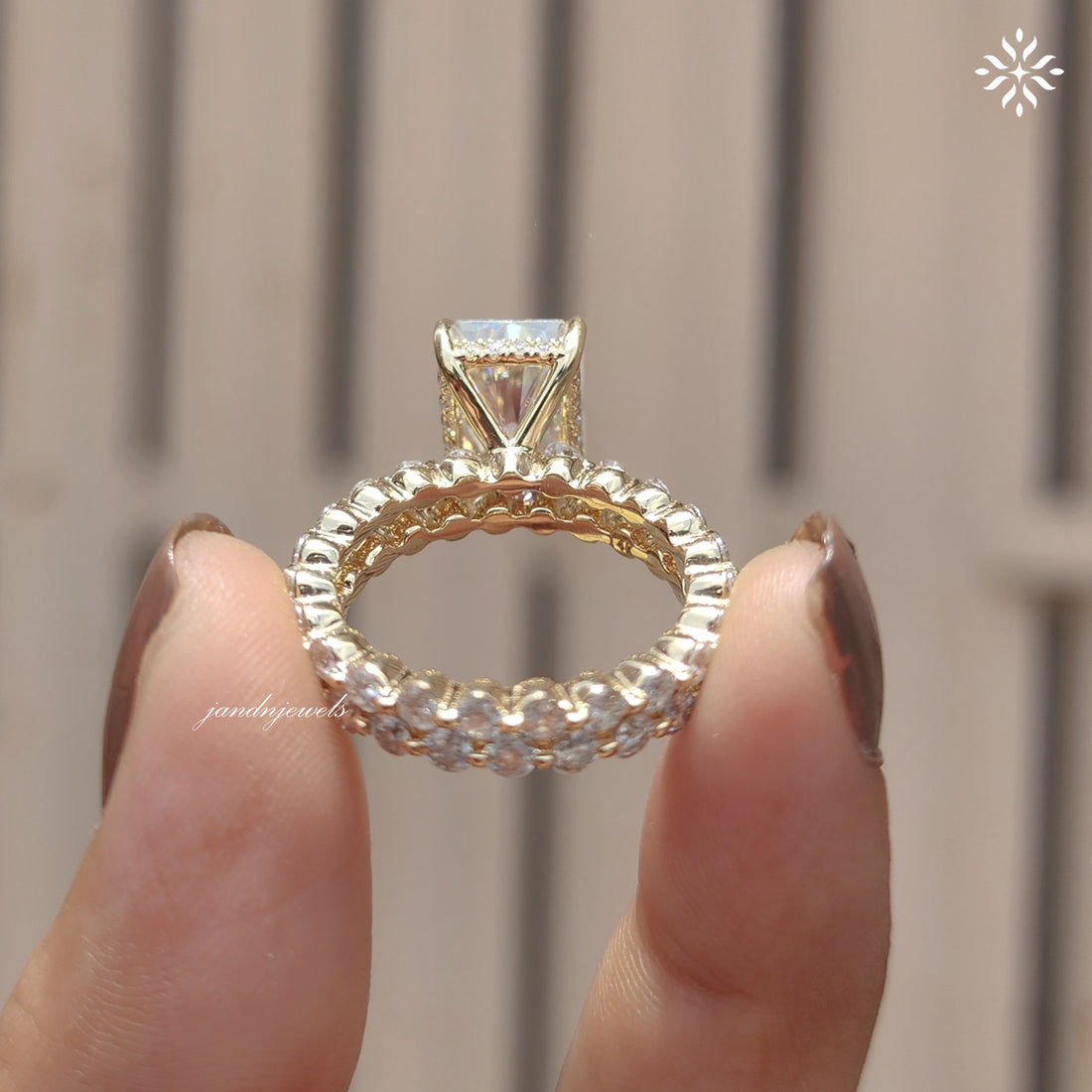4CT Radiant Cut Moissanite Engagement Ring Set Bubble Band Ring Wedding Ring Set Bridal Ring Set Hidden Halo Ring