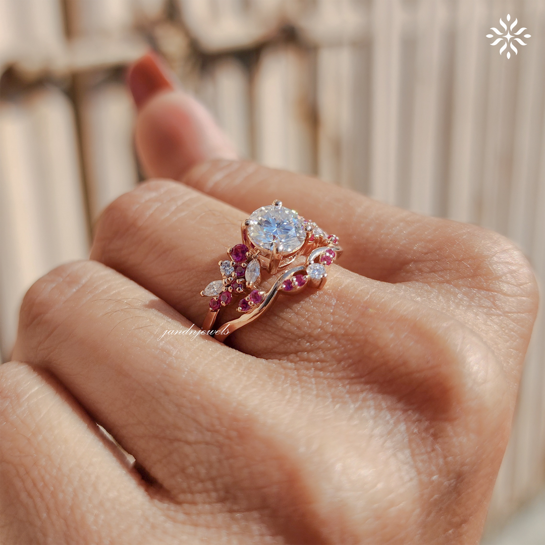 Round Cut Moissanite Engagement Ring Set lab Pink Sapphire Diamond Ring Vintage Rose Gold Bridal Ring Set Amethyst wedding Art Deco Ring Everbee logo Analyze listing