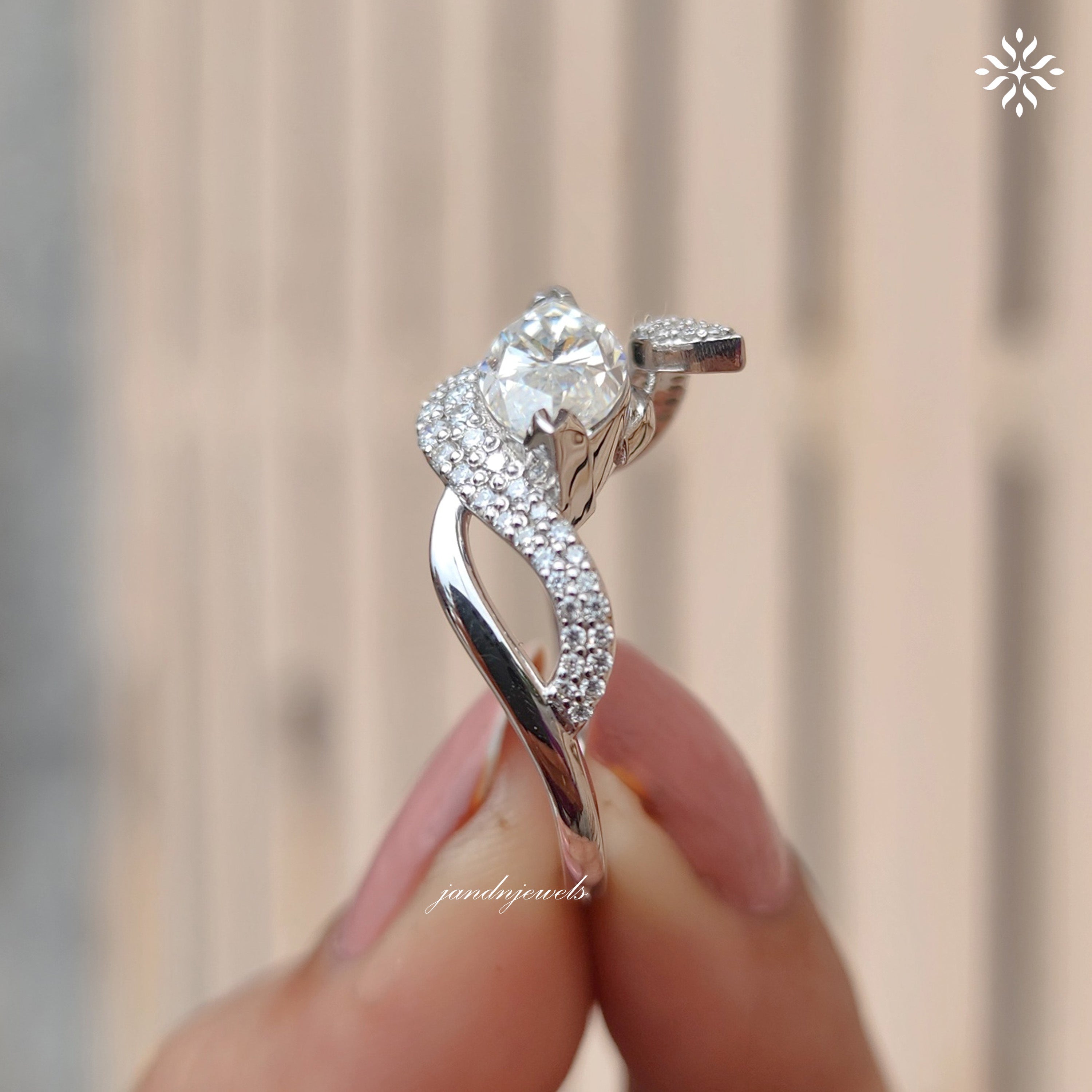 Marquise Moissanite Engagement Ring, Twisted Pave Diamond Band, Unique Swirl Gold Statement Ring