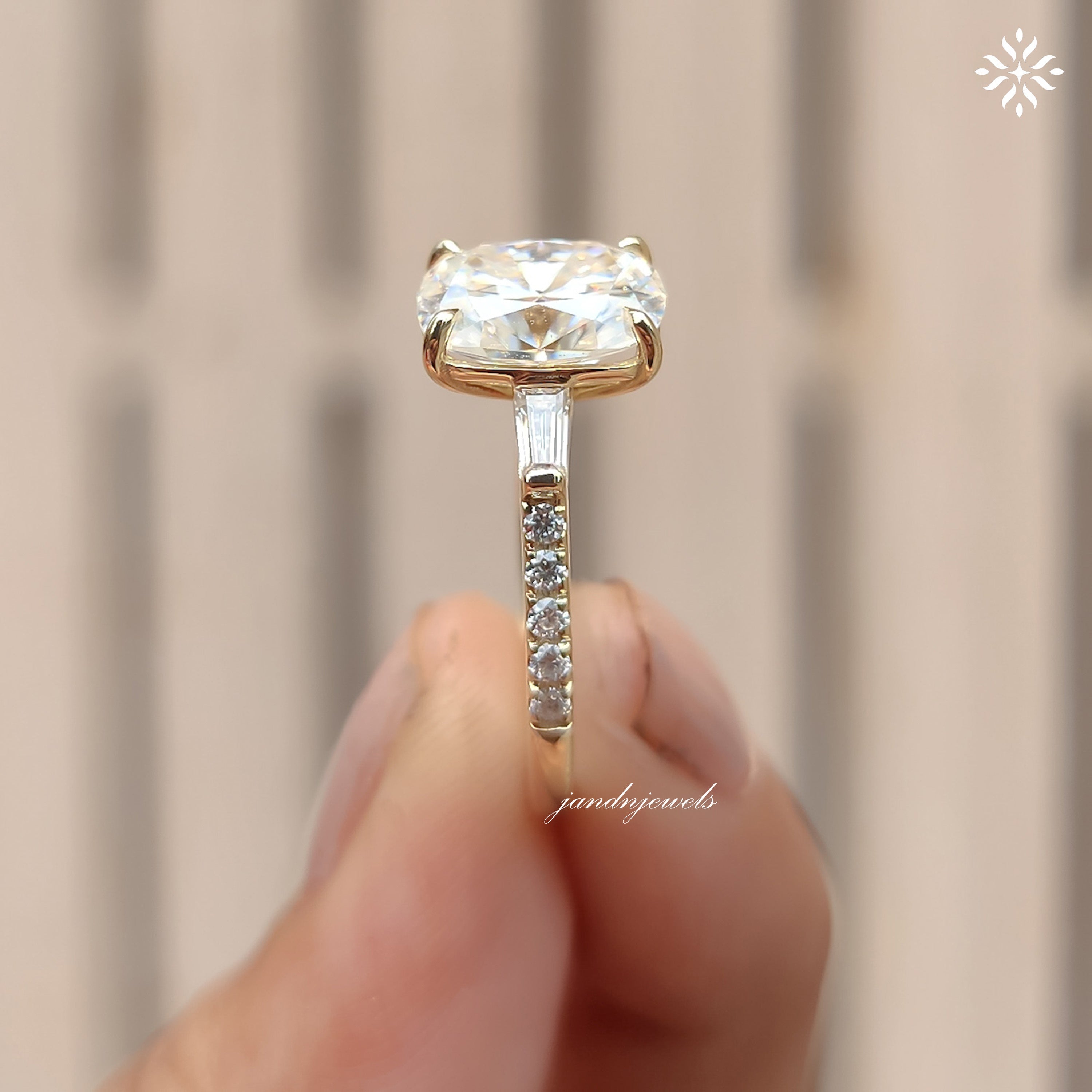Three Stone Cushion Cut Moissanite Engagement Ring Side Stone Baguette Diamond Ring