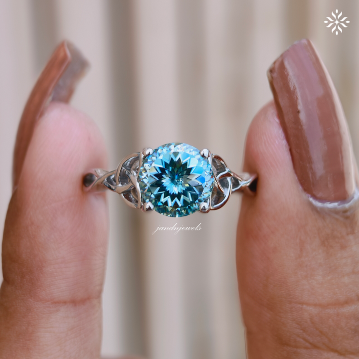 Vintage Celtic Knot Ring Cyan Blue Portuguese Cut Moissanite Engagement Ring Promise Ring for Her