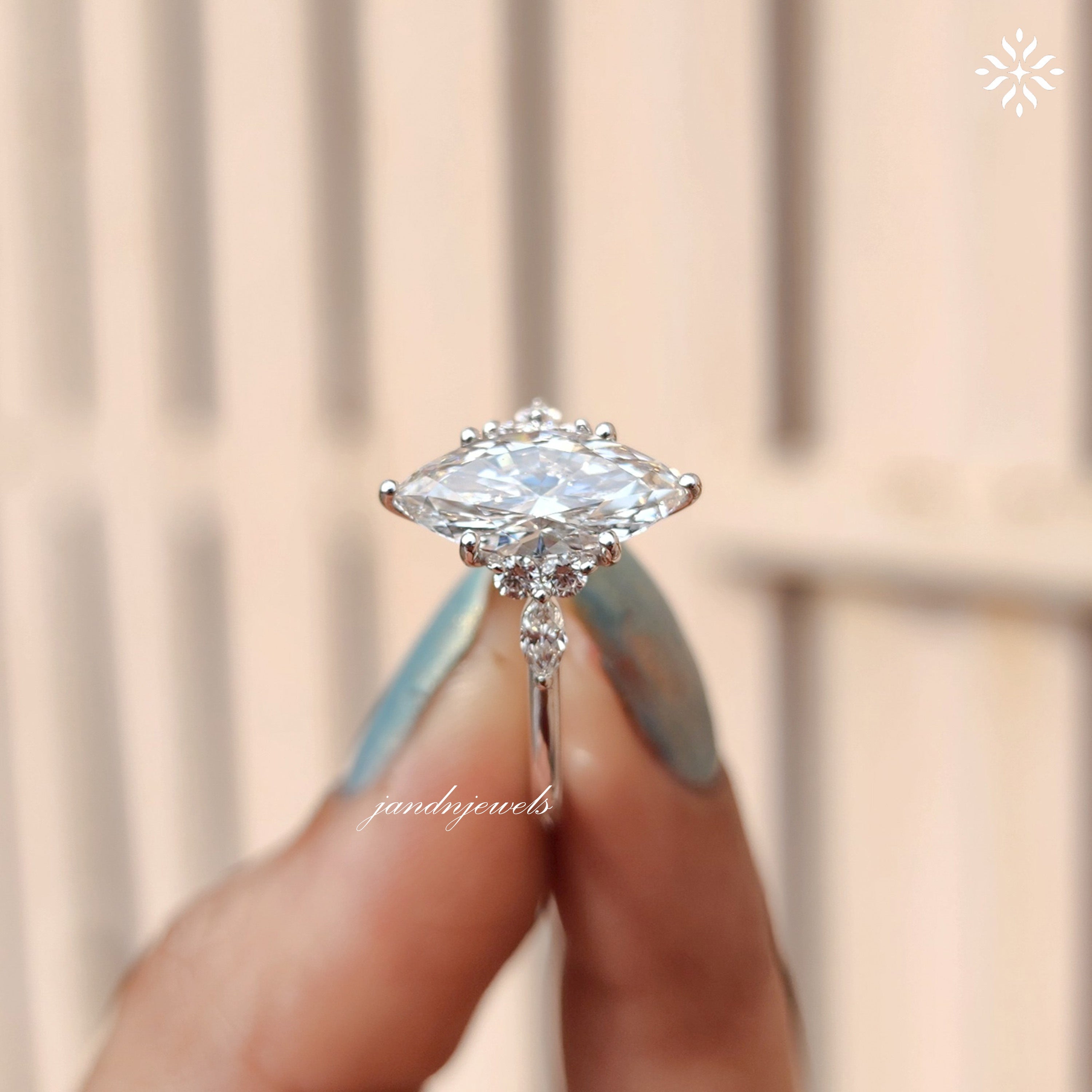 Vintage Marquise Cut Lab Grown Engagement Ring Women's Diamond Wedding Ring with Side Stone Delicate 14k Solid Gold Diamond Promise Ring
