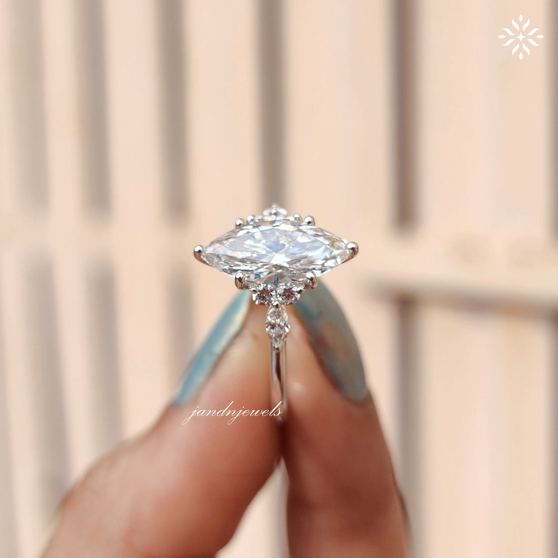 Vintage Marquise Cut Lab Grown Engagement Ring Women's Diamond Wedding Ring with Side Stone Delicate 14k Solid Gold Diamond Promise Ring