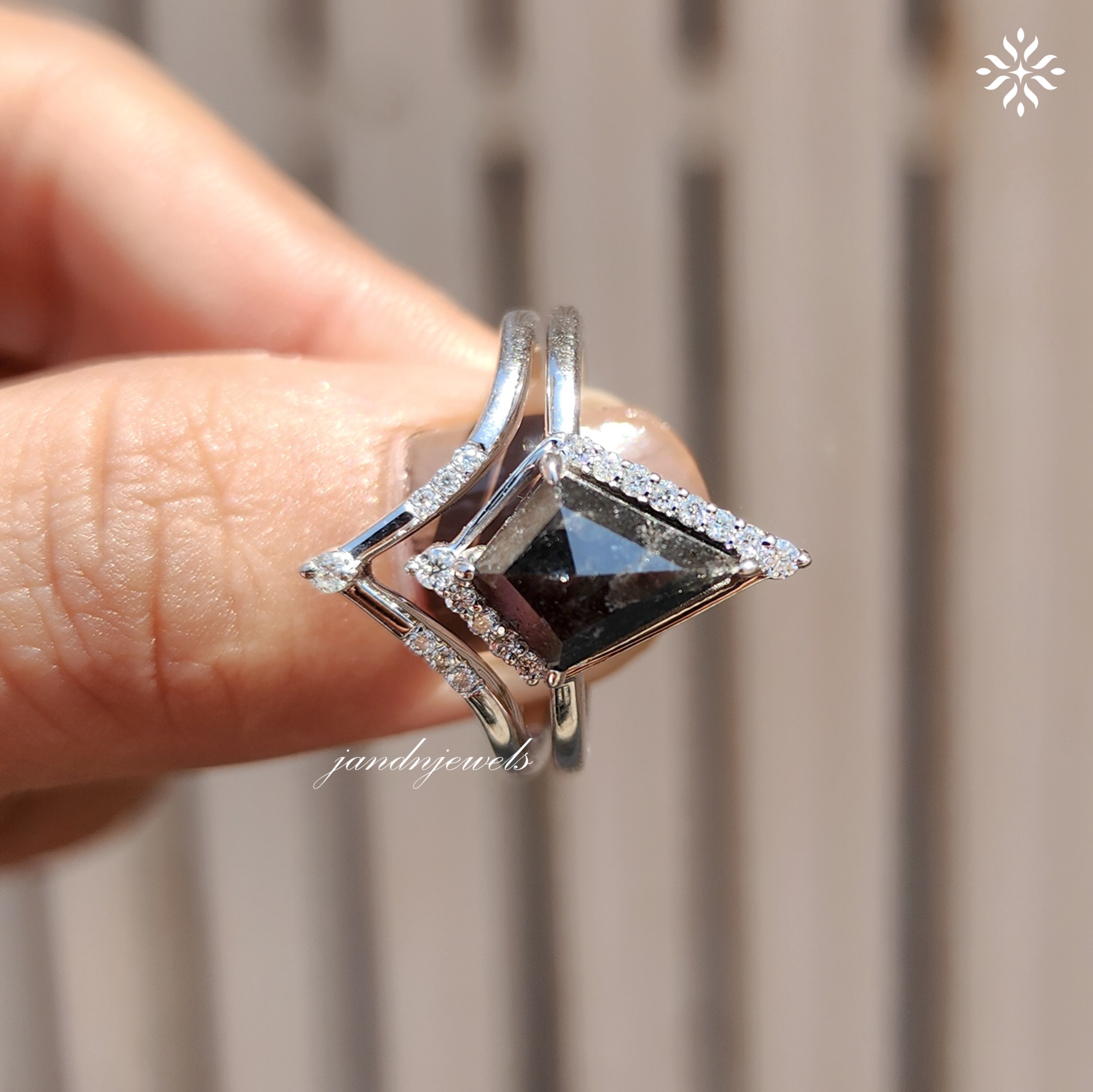 Kite Cut Salt and Pepper Diamond Bridal Ring Set Art Deco Engagement Ring Art Deco Wedding Ring Alternative Bridal Gift for Her