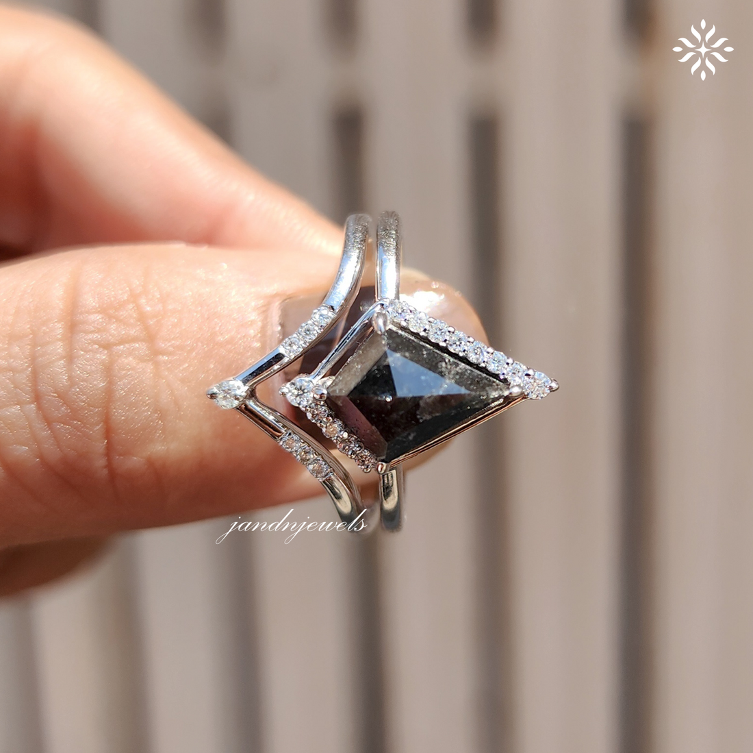 Kite Cut Salt and Pepper Diamond Bridal Ring Set Art Deco Engagement Ring Art Deco Wedding Ring Alternative Bridal Gift for Her
