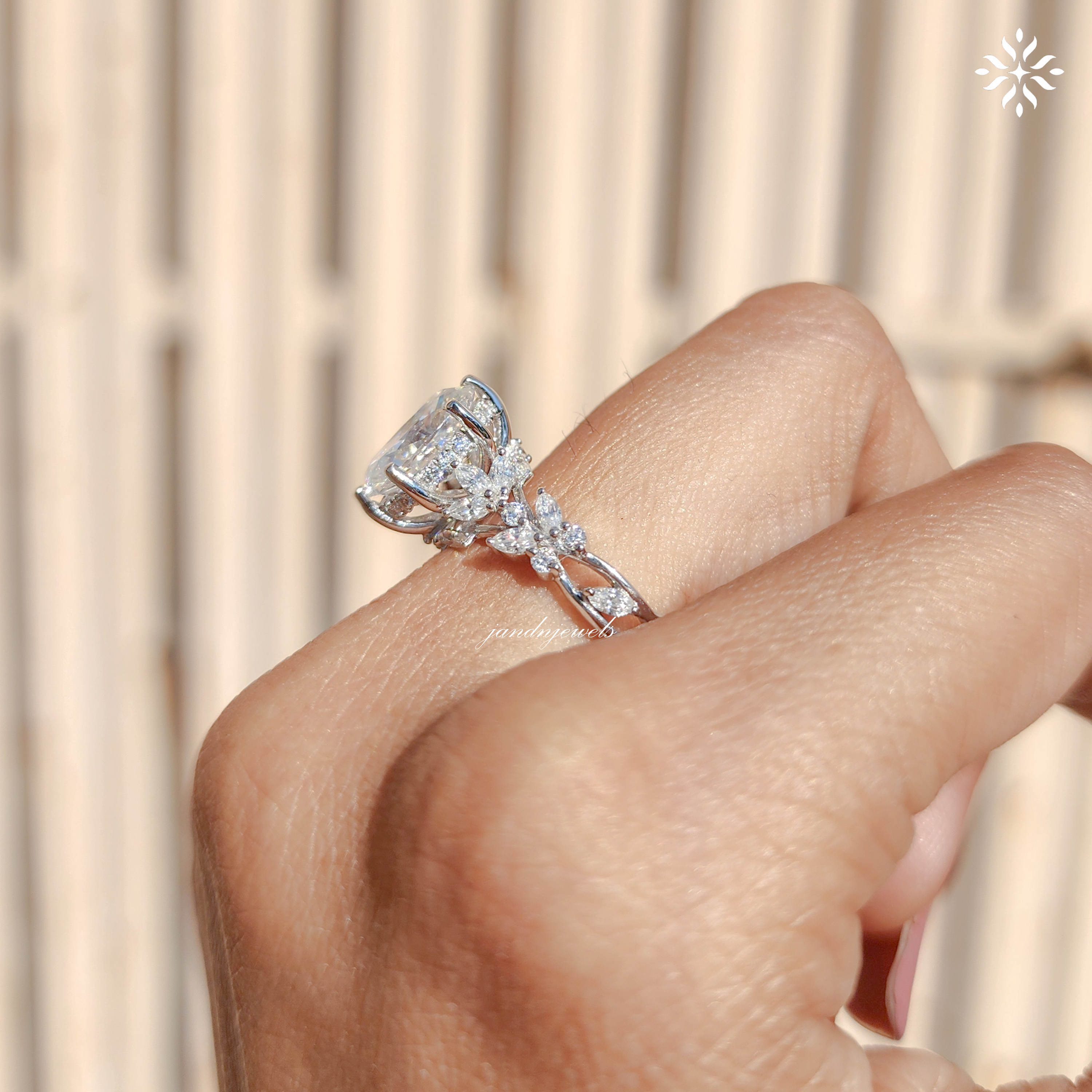 Oval Moissanite Ring, Nature Inspired Floral Diamond Band, Unique Vintage Gold Engagement Ring