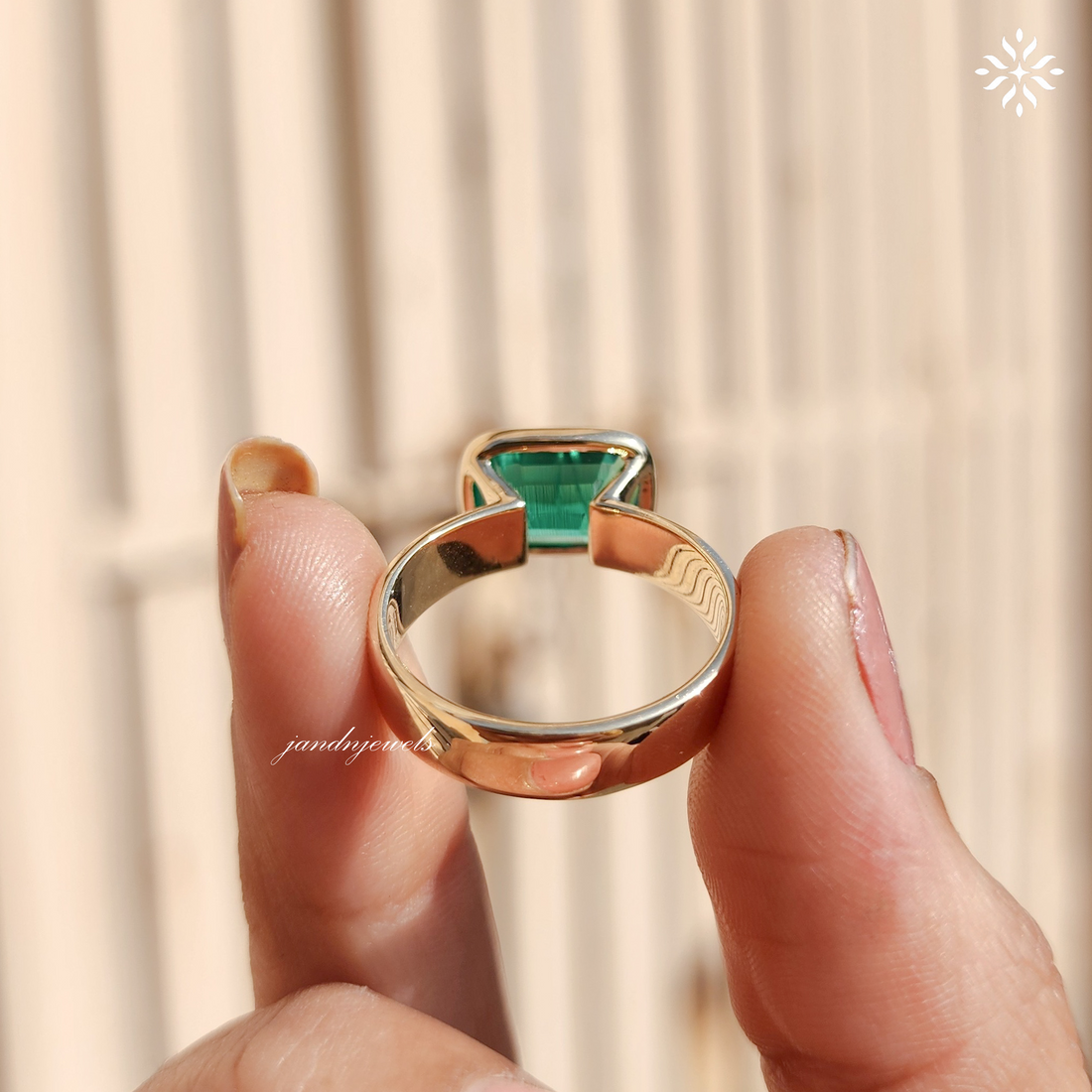 Green Emerald Cushion Cut Ring Bezel Set Solitaire 14K Gold Engagement Ring East West Ring