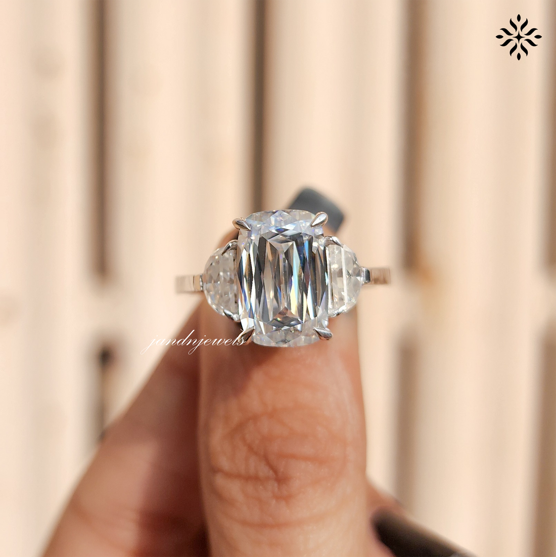 Elongated Criss Cut Cushion Moissanite Engagement Ring Three Stone Wedding Ring Side Stone Half Moon Trilogy Ring Multi Stone Ring for Her