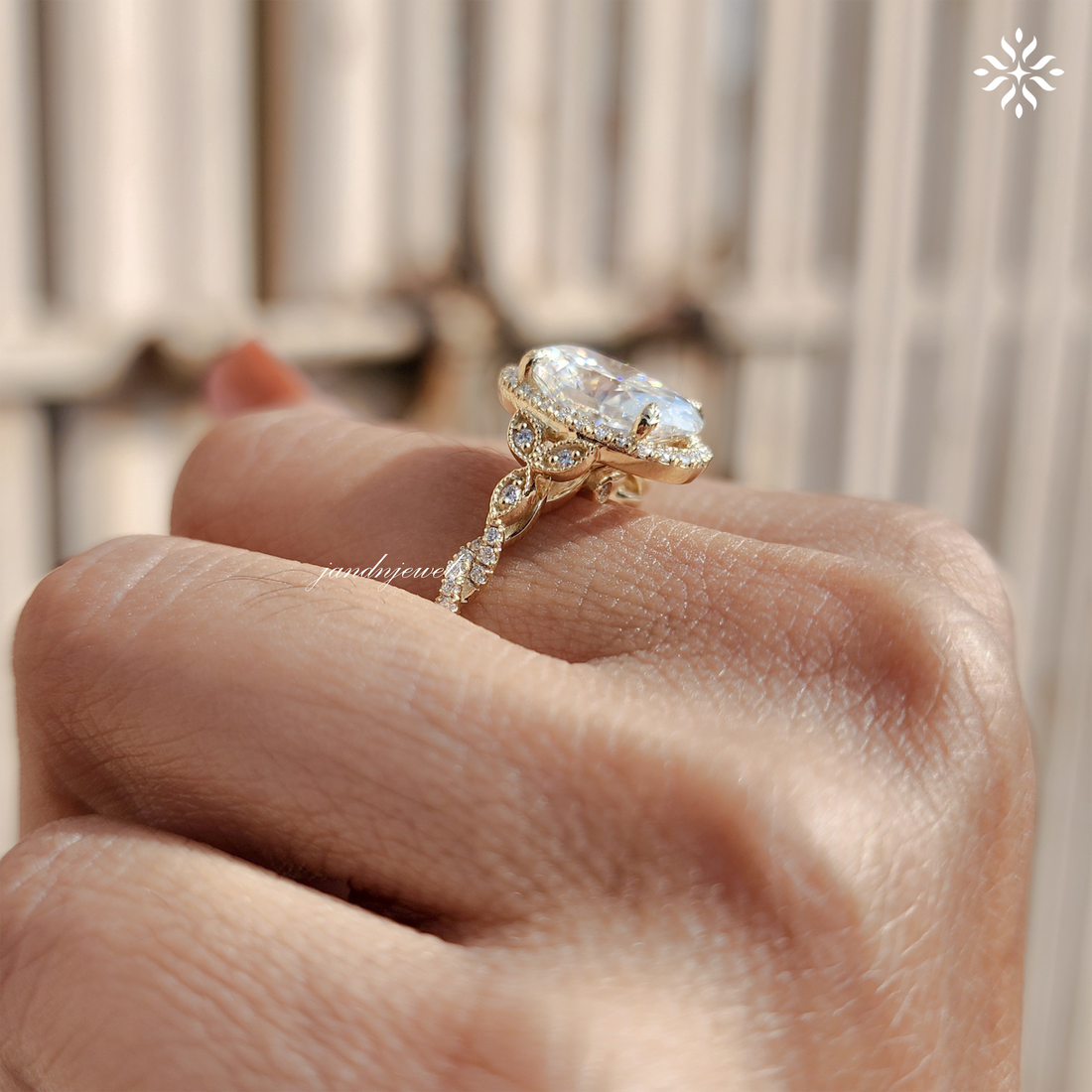 Oval Moissanite Halo Engagement Ring 14K Solid Yellow Gold, Filigree Cluster Design, Twisted Band, Classic Cathedral Setting