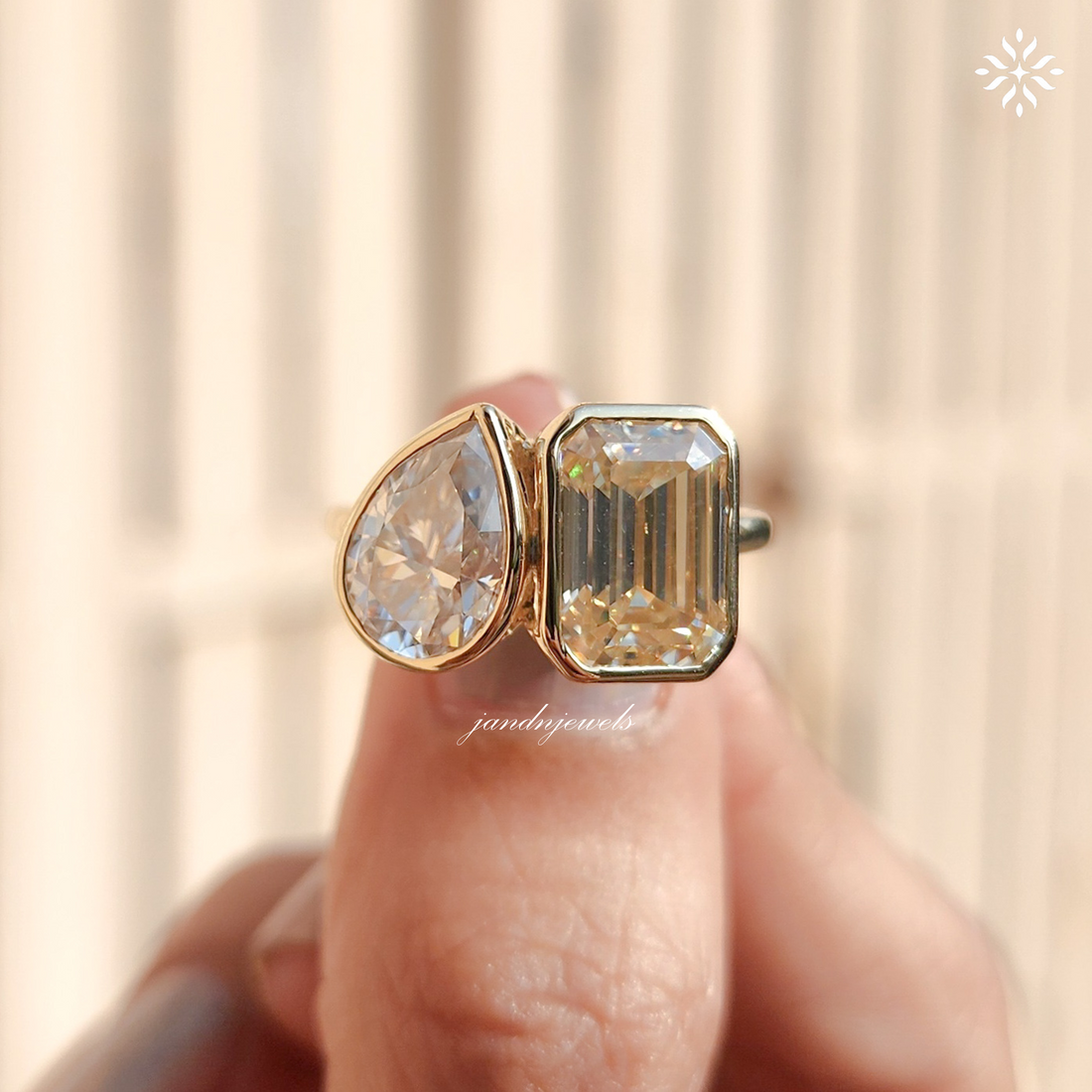 Toi et Moi Pear Shaped & Emerald Cut Moissanite Ring Two Stone Gold Engagement Ring Unique Bridal Ring
