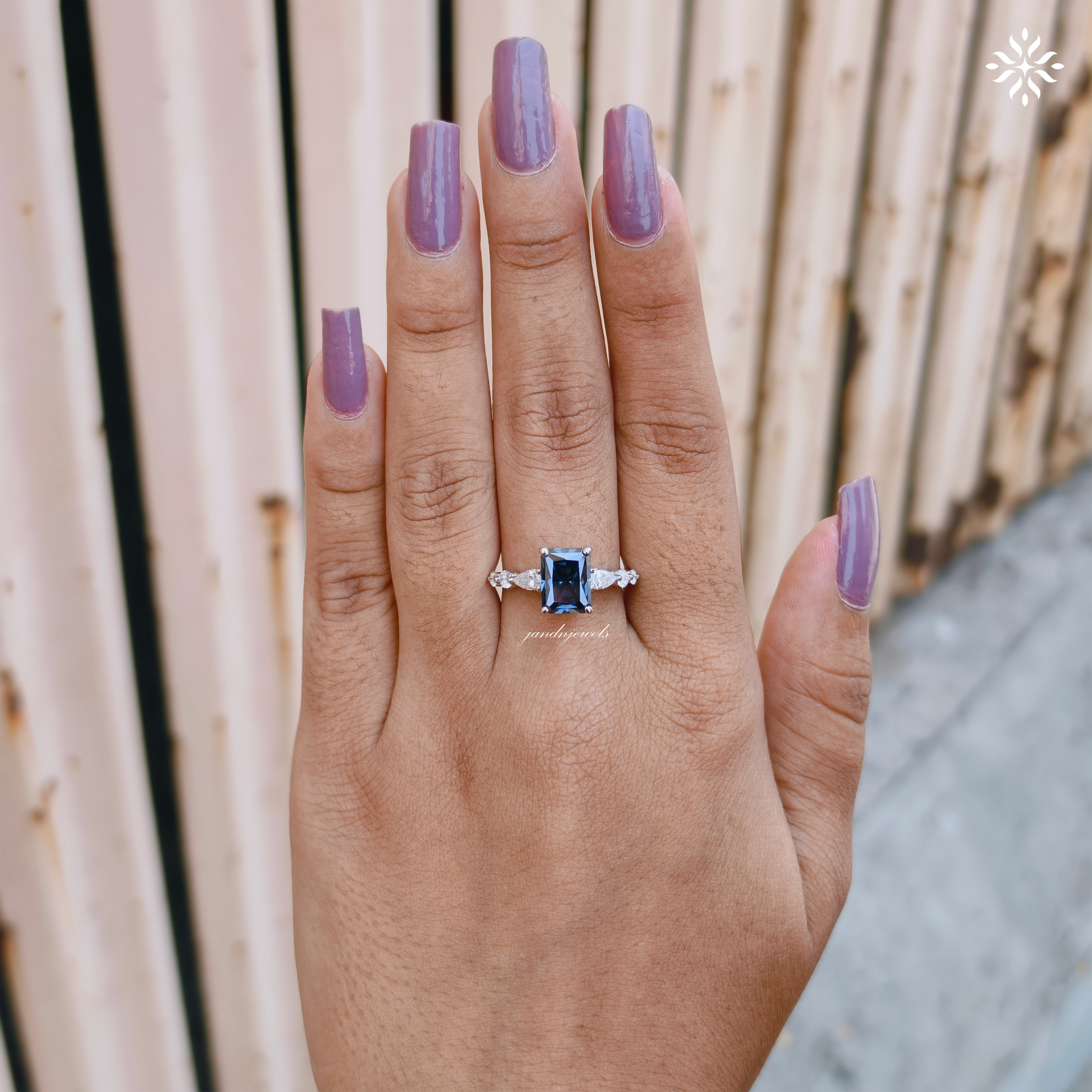 Royal Blue Radiant Cut Moissanite Engagement Ring Pear Accent Band Art Deco Gold Ring Unique Bridal Anniversary Gift for Her