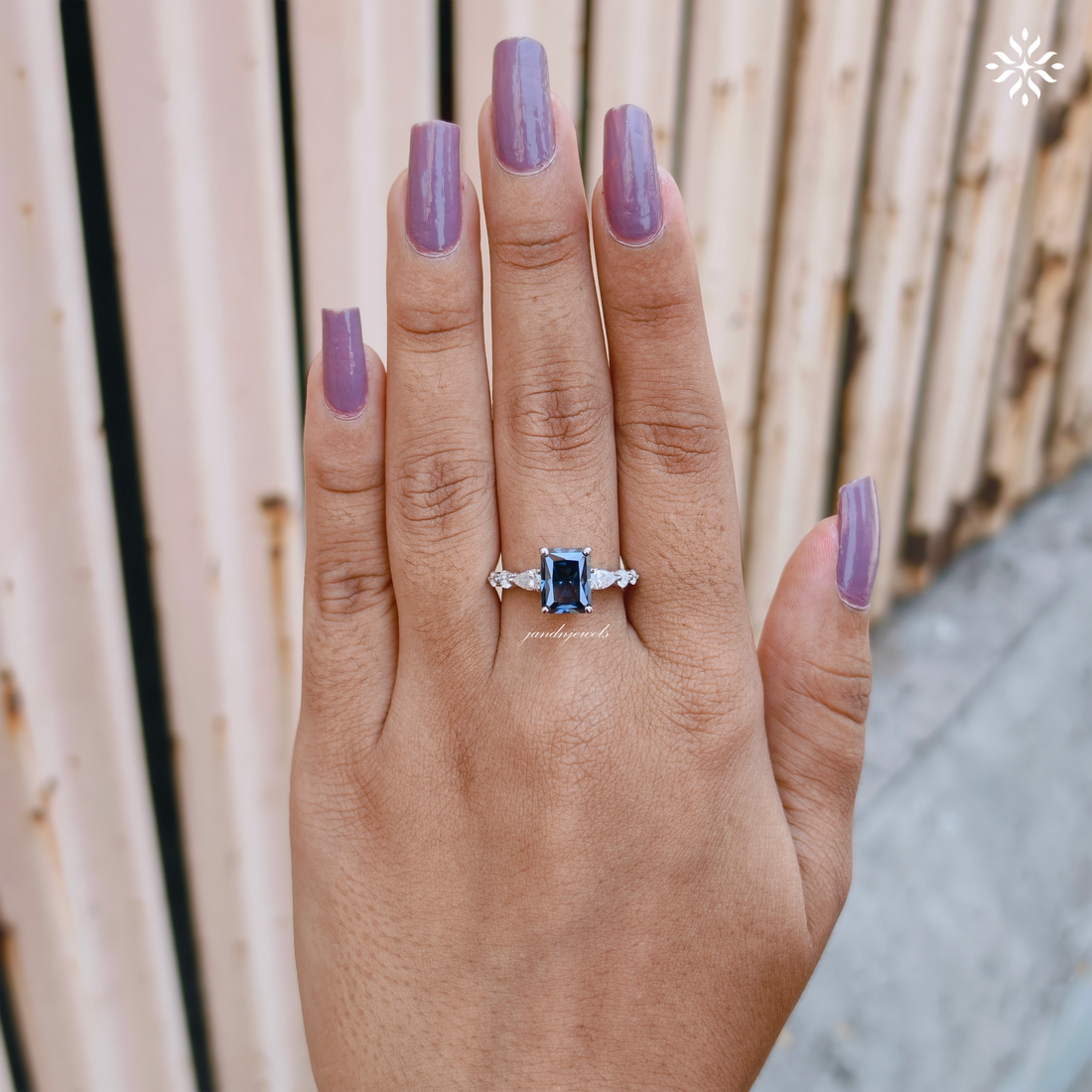 Royal Blue Radiant Cut Moissanite Engagement Ring Pear Accent Band Art Deco Gold Ring Unique Bridal Anniversary Gift for Her