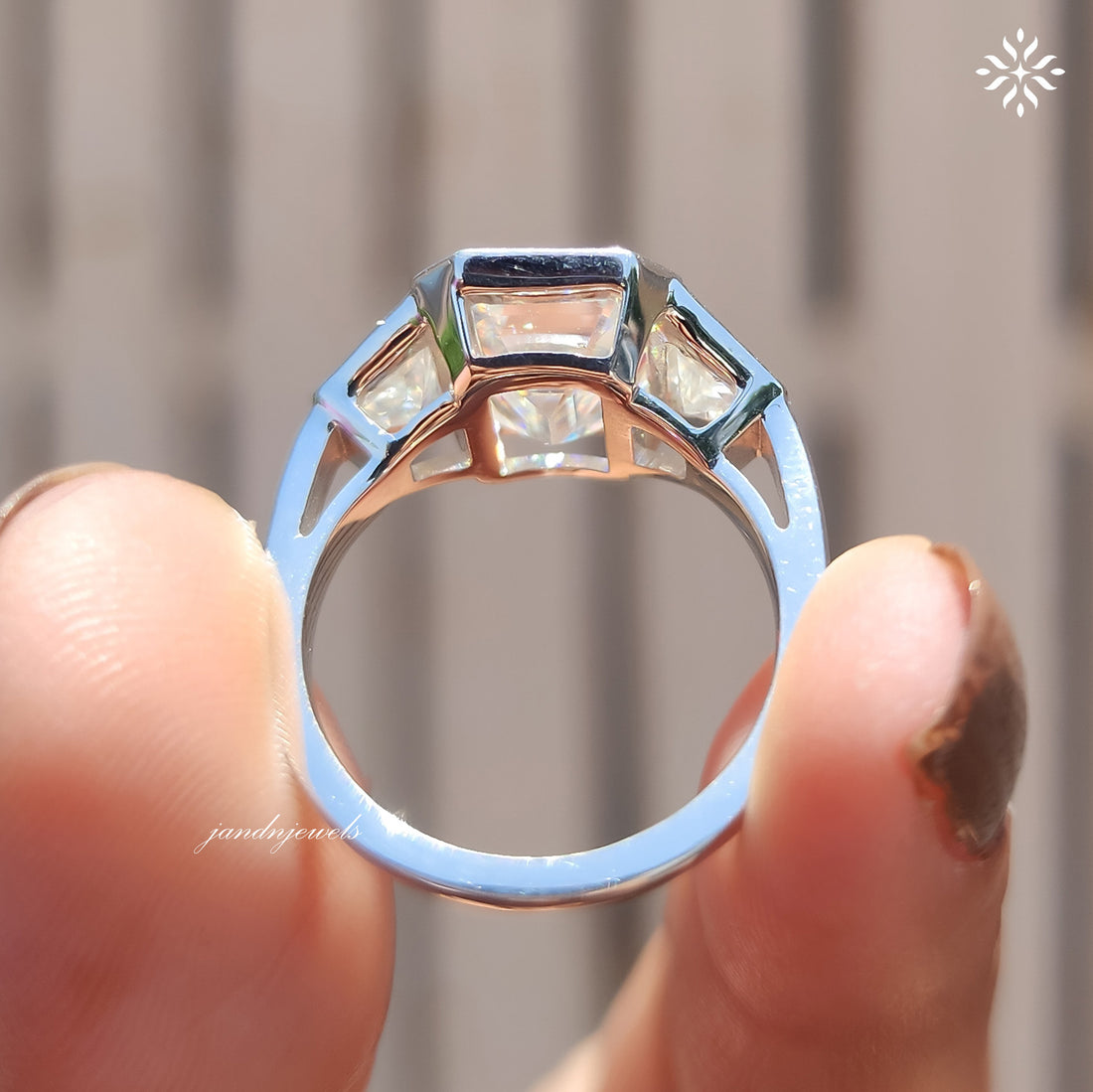 Three Stone Emerald Cut Moissanite Engagement Ring Bezel Set Diamond Ring Trilogy Ring for Her
