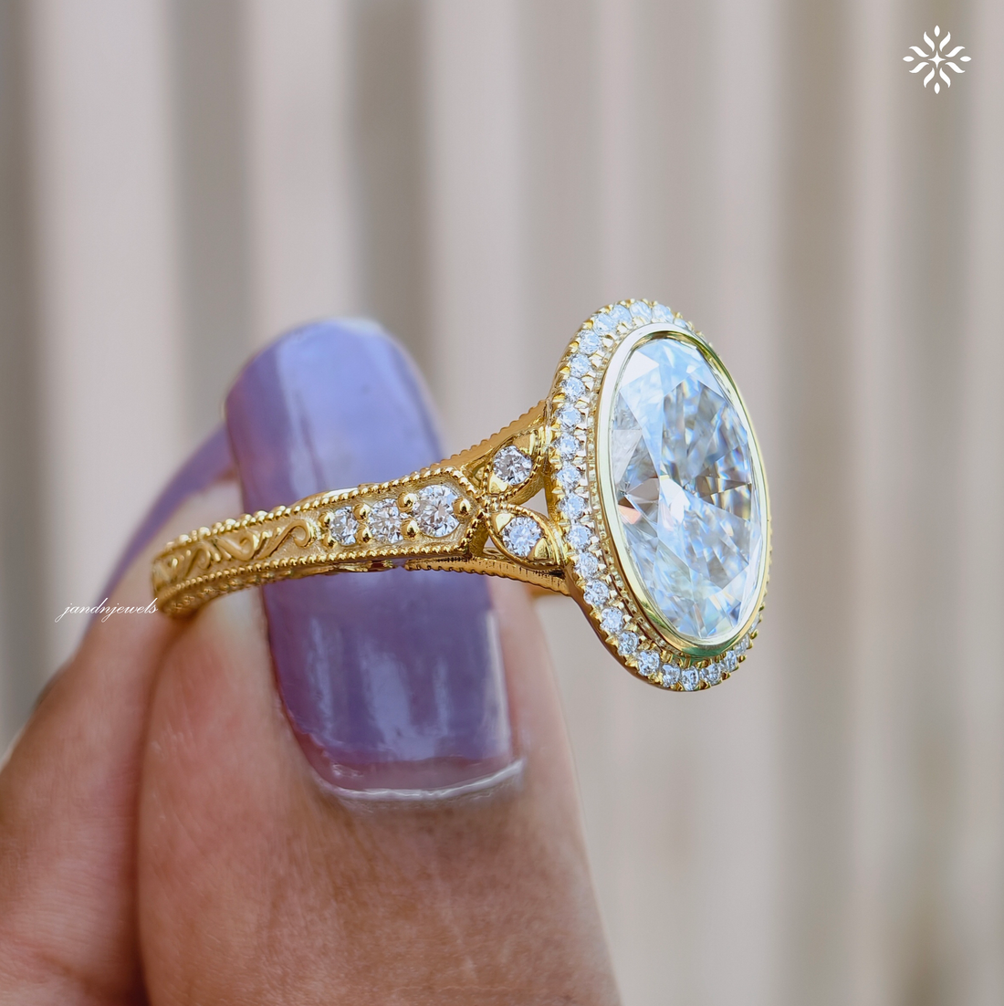 Art Deco Oval Cut Moissanite Engagement Ring Vintage Handcrafted Engraved Gold Ring Classic Bridal Ring Anniversary Gift for Her