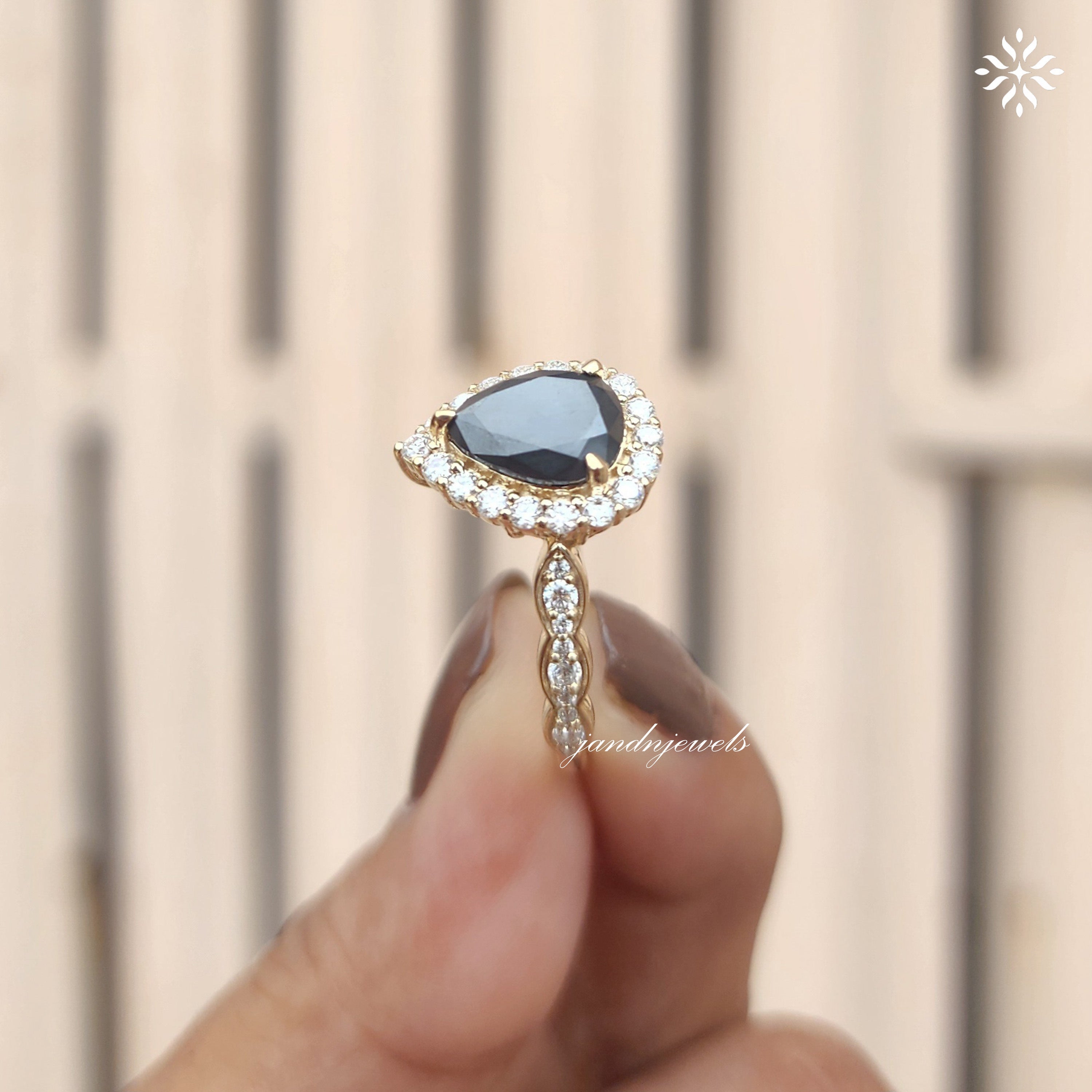 Black Pear Moissanite Ring Set Vintage Inspired Halo Engagement Ring With Marquise Wedding Band