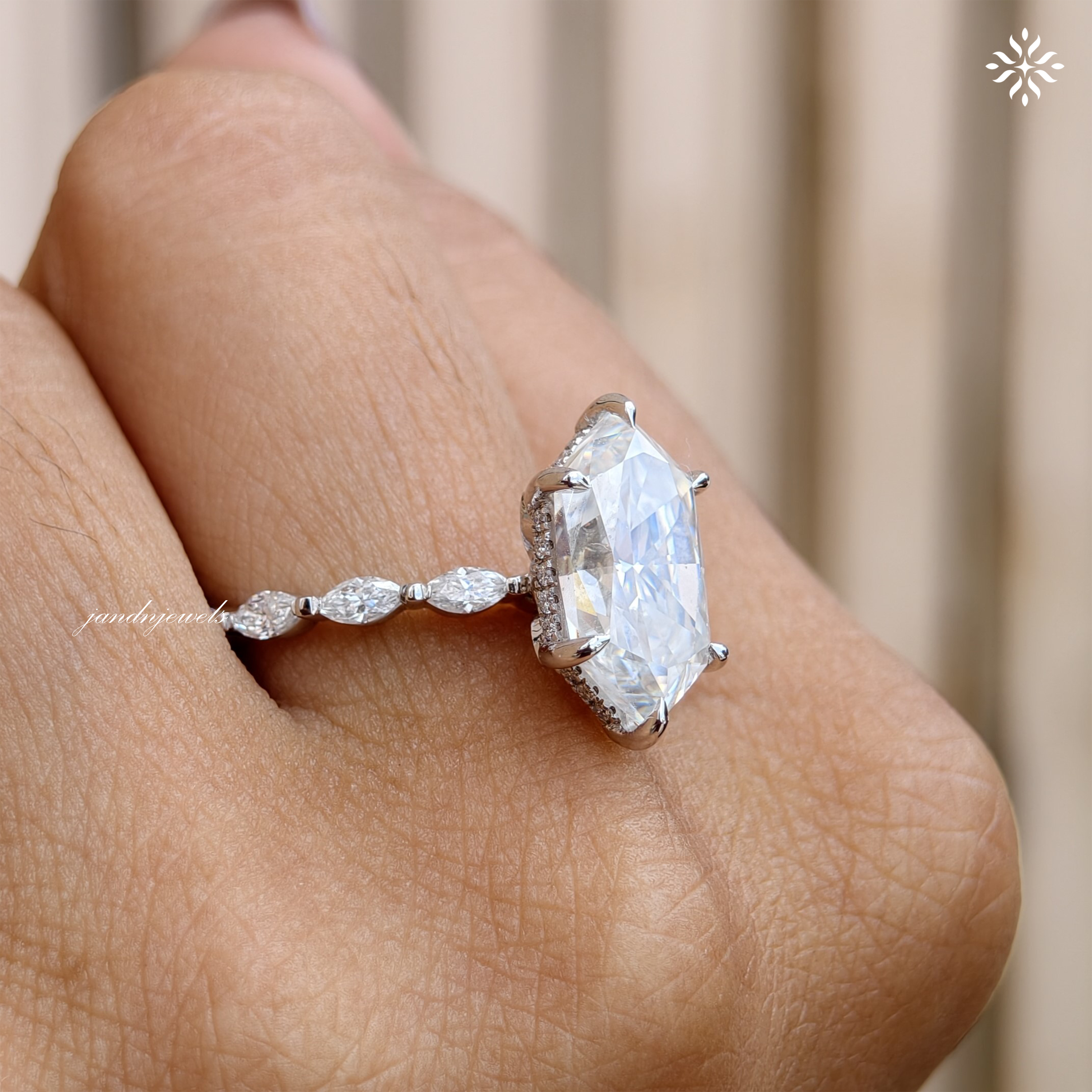 Lotus Hidden Halo 3CT Dutch Marquise Cut Moissanite Diamond Ring Solitaire Ring