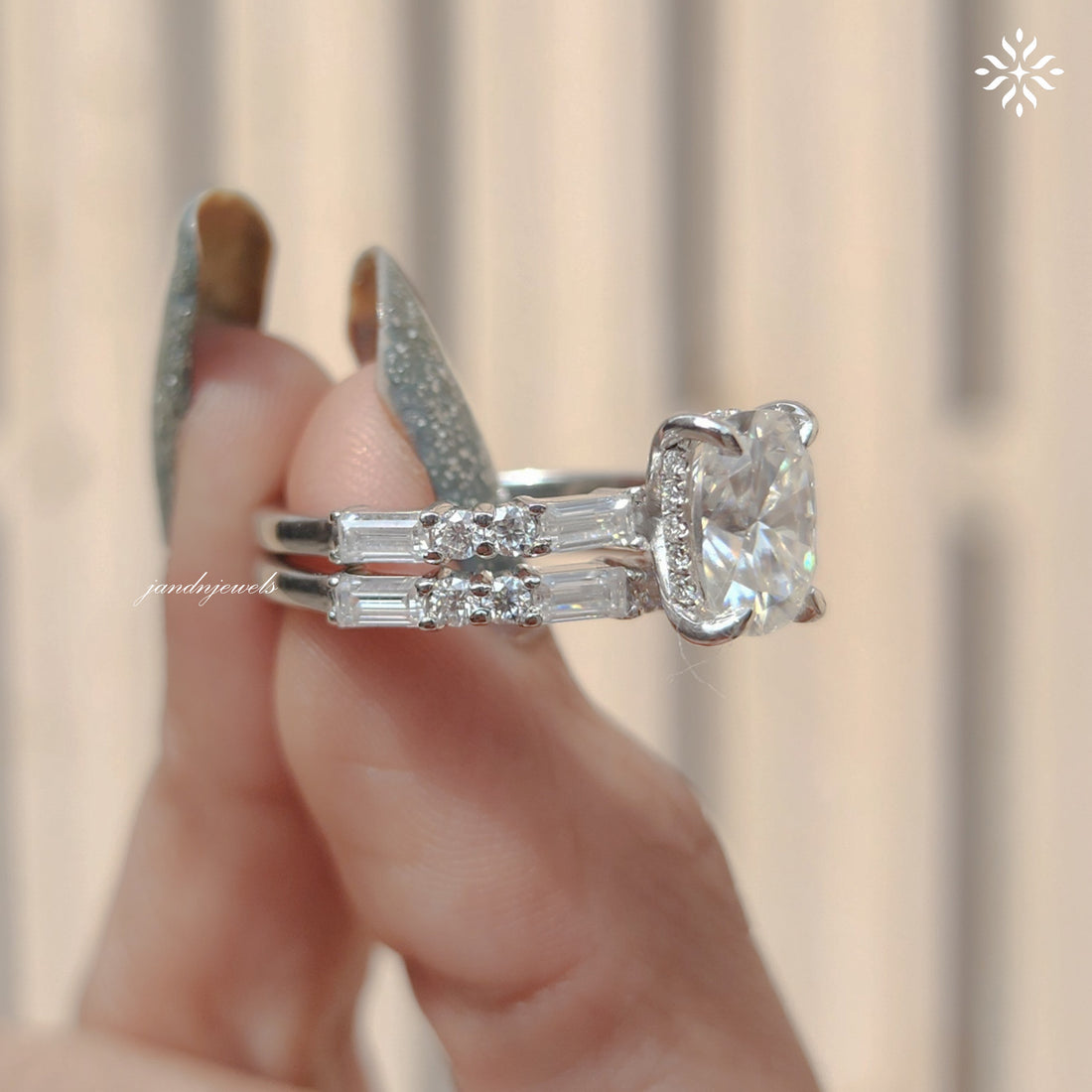 Elongated Cushion Cut Moissanite Engagement Ring Set Baguette & Round Diamond Band Bridal Ring Set 14K White Gold Ring Set