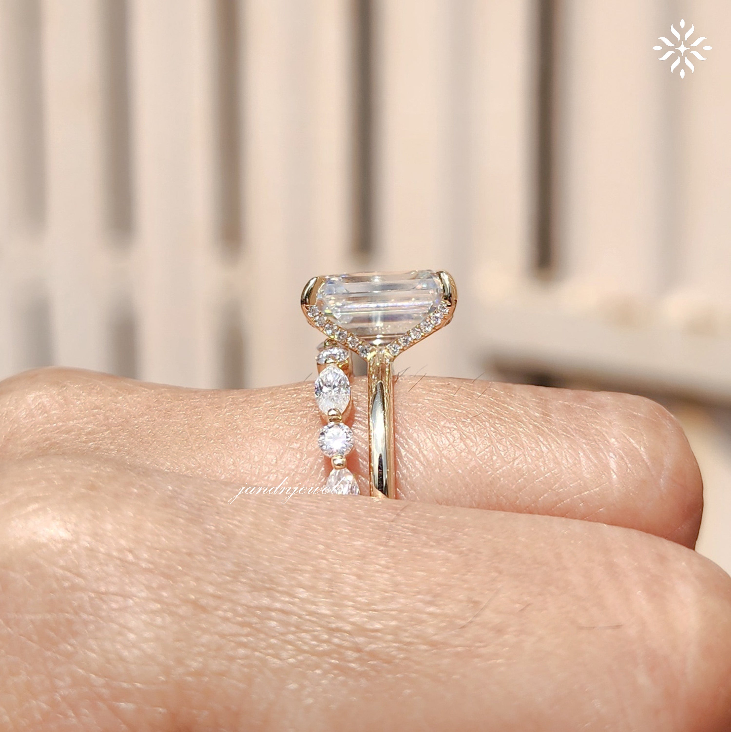 3CT Emerald Cut Moissanite Engagement Ring Set, Hidden Halo Ring Set, Round and Marquise Wedding Band, 14K Gold Bridal Ring