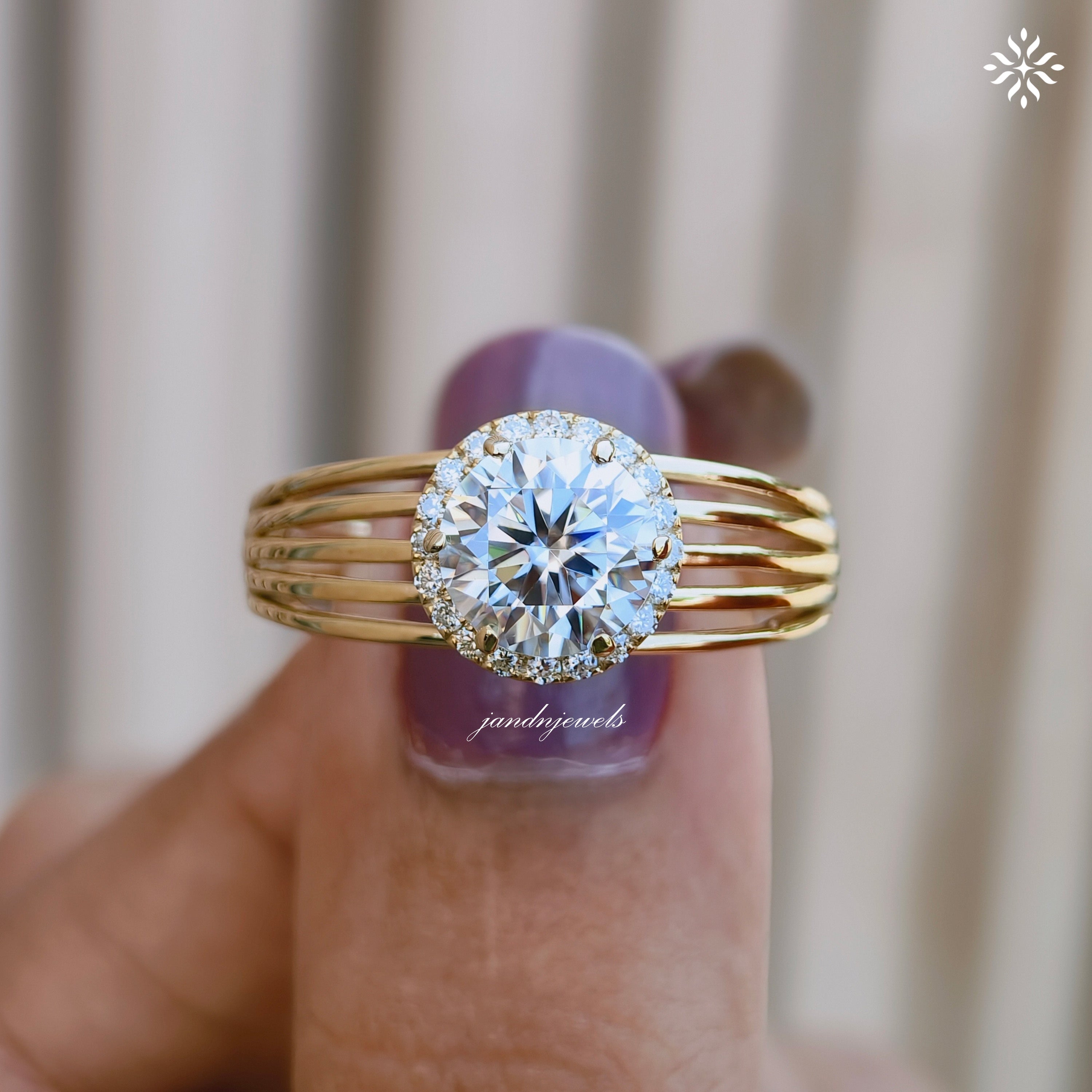 Brilliant Round Moissanite Engagement Ring Open Split Shank Gold Ring Halo Antique Style Ring Antique Style Bridal Ring