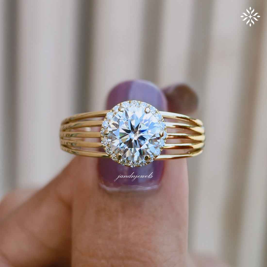 Brilliant Round Moissanite Engagement Ring Open Split Shank Gold Ring Halo Antique Style Ring Antique Style Bridal Ring
