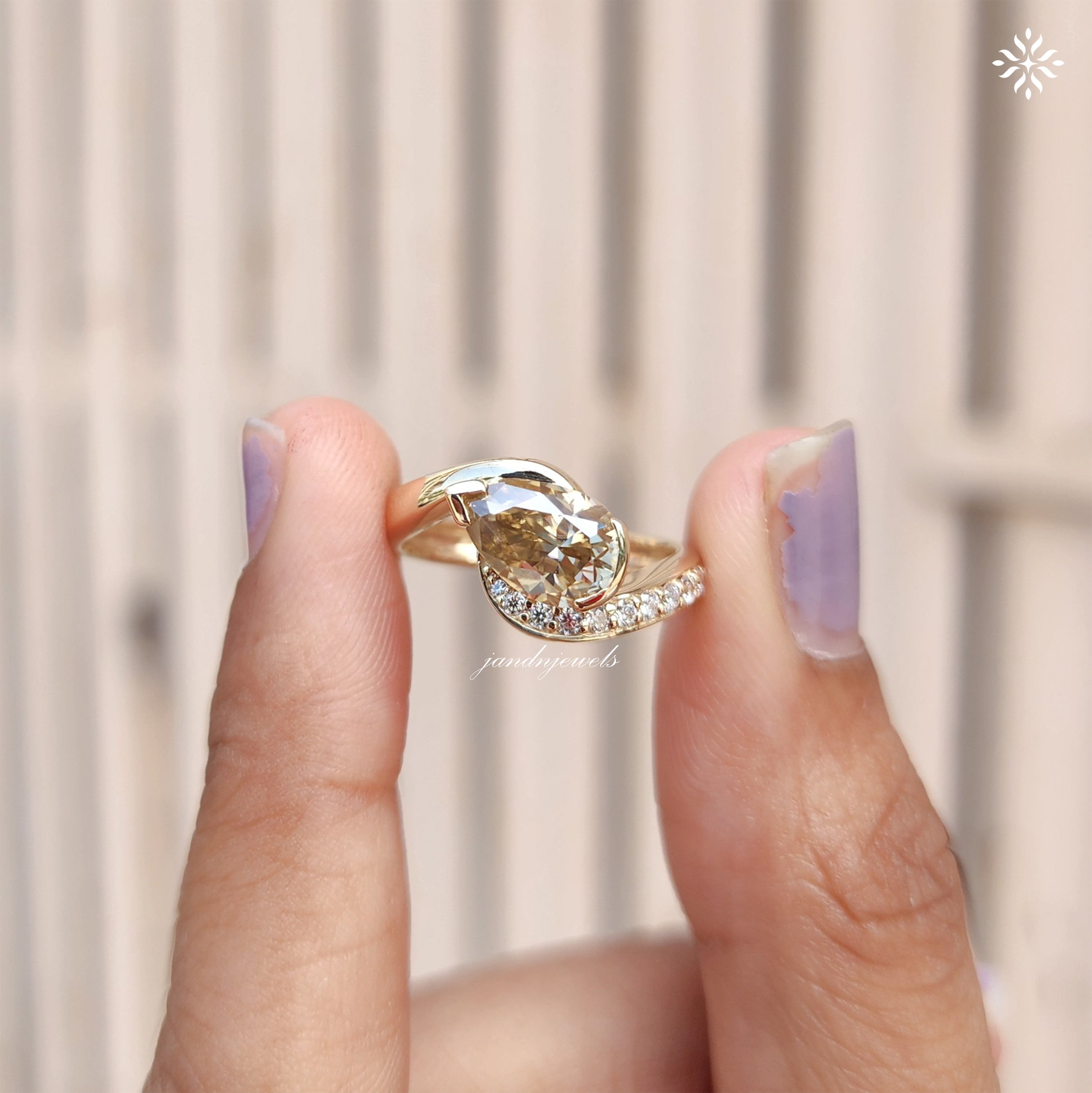 Champagne Pear Cut Moissanite Ring, Curved Pave Band, Asymmetrical Gold Engagement Ring