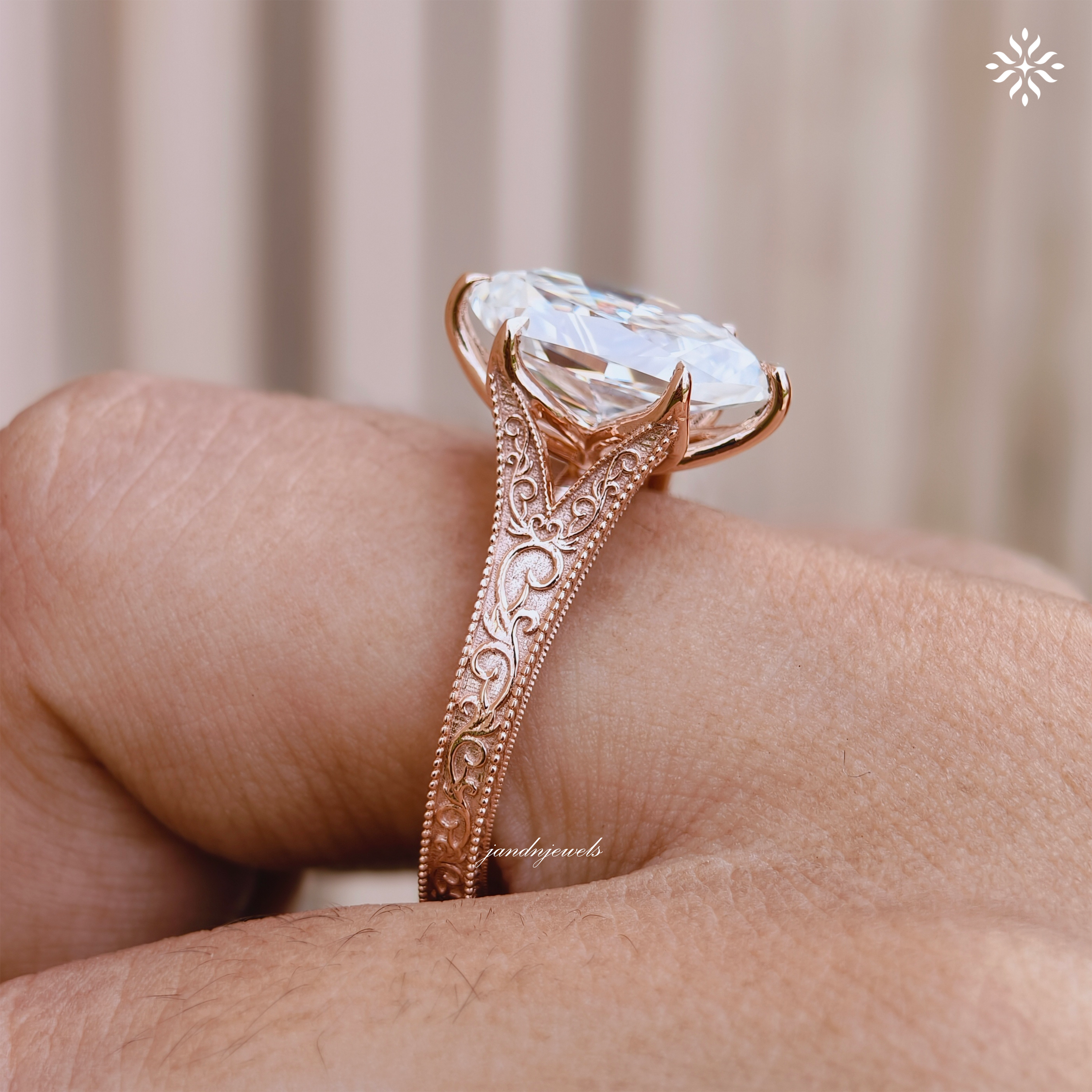Dutch Marquise Moissanite Engagement Ring Art Deco Engraved Band Solitaire Ring 14K Gold Six Prong Designer Bridal Ring For Her