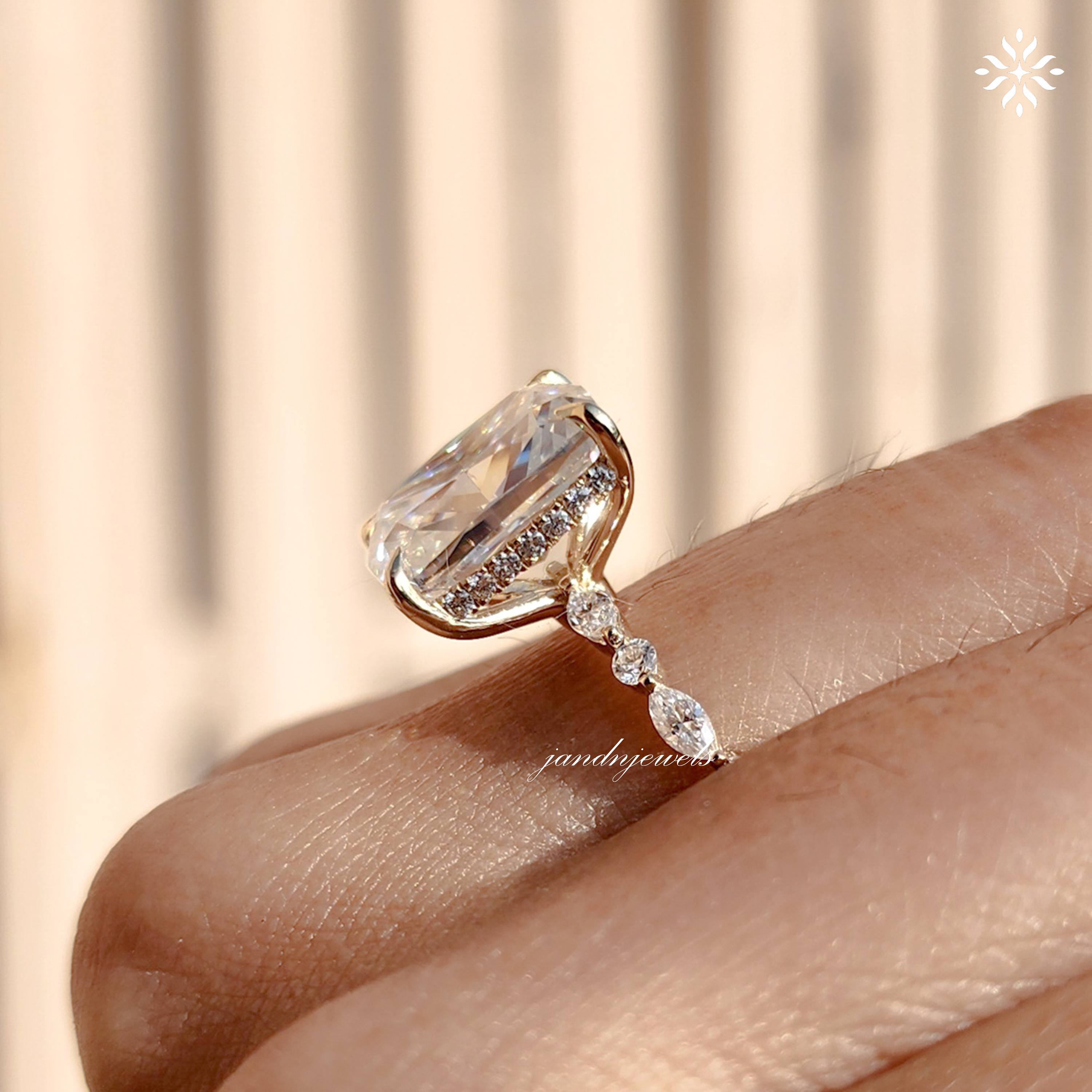4CT Cushion Cut Moissanite Engagement Ring Hidden Halo 14K Gold Diamond Band Bridal Ring