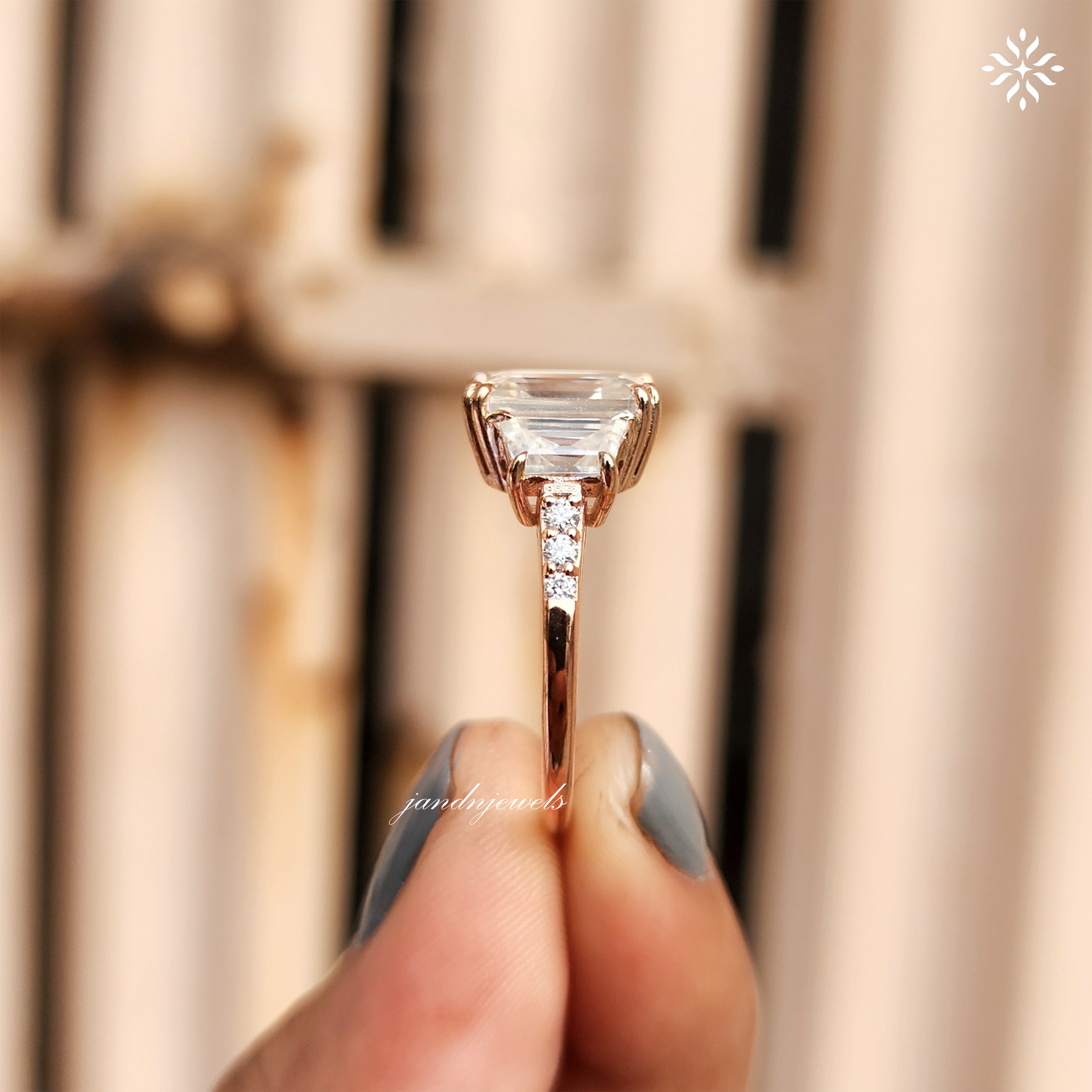 4CT Emerald Cut Moissanite Engagement Ring, Trapezoid Side Stone Ring, Hidden Halo 14K Gold Bridal Ring Set