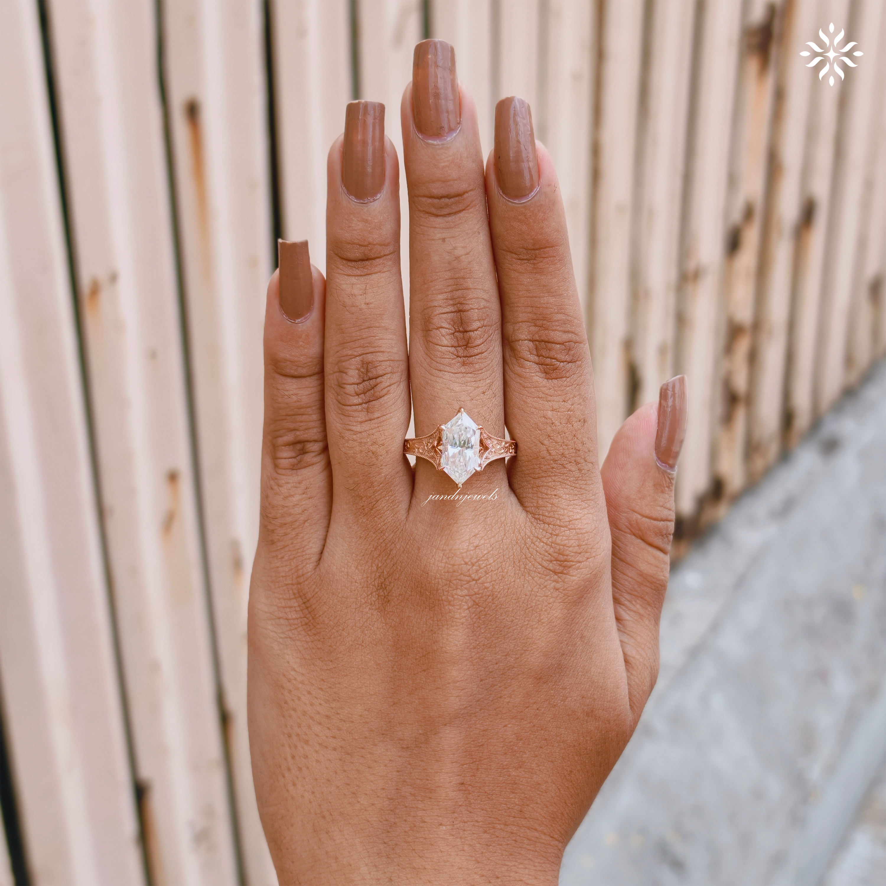 Dutch Marquise Moissanite Engagement Ring Art Deco Engraved Band Solitaire Ring 14K Gold Six Prong Designer Bridal Ring For Her