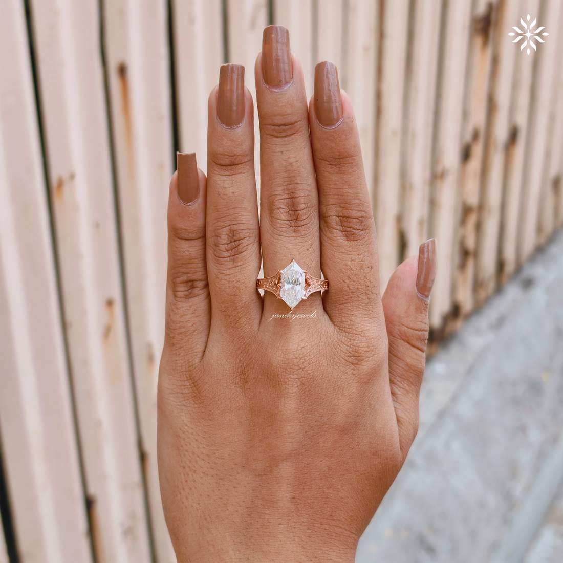 Dutch Marquise Moissanite Engagement Ring Art Deco Engraved Band Solitaire Ring 14K Gold Six Prong Designer Bridal Ring For Her