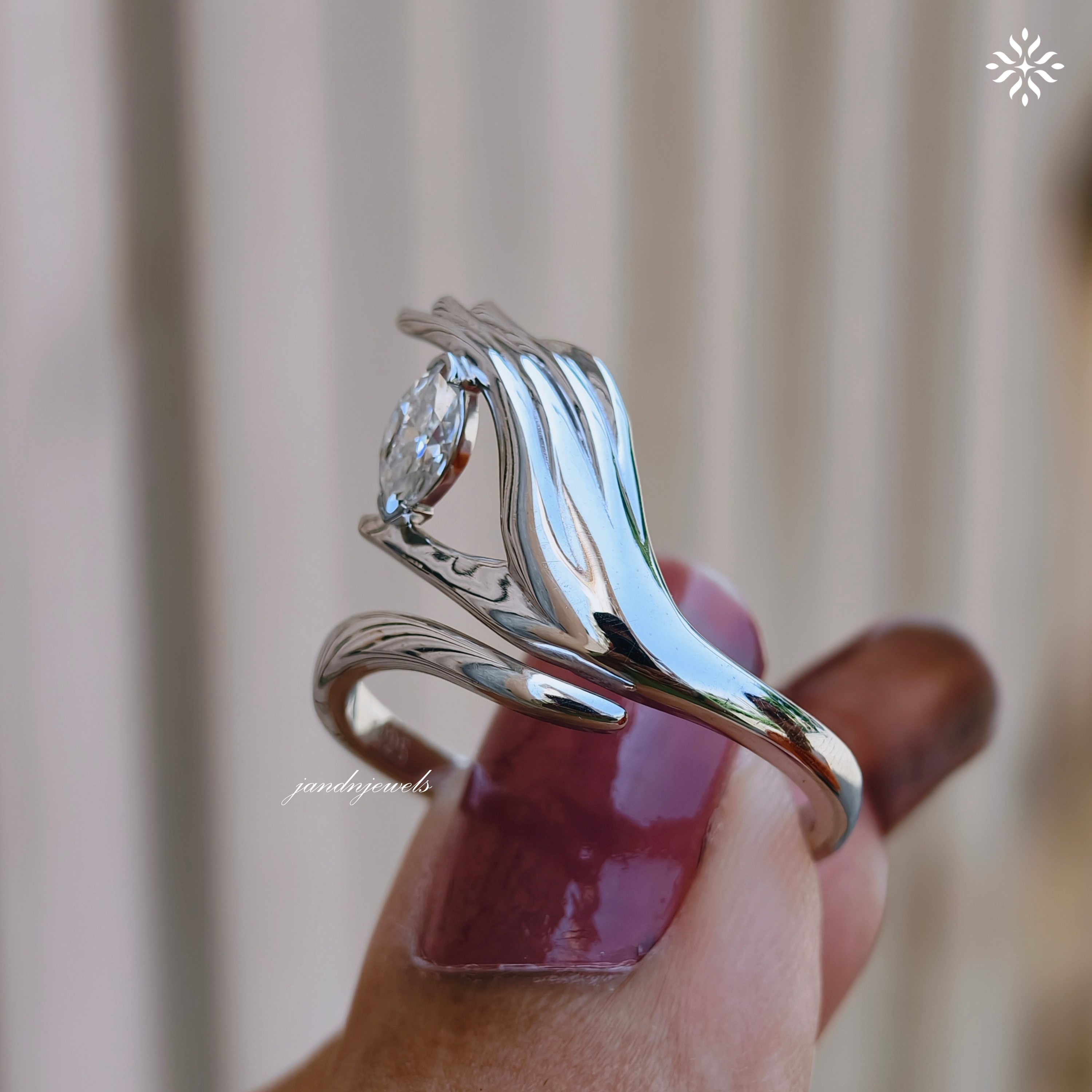 Sculptural Hand Style Marquise Moissanite Ring, Open Wrap Gold Ring, Modern Artistic Statement Ring