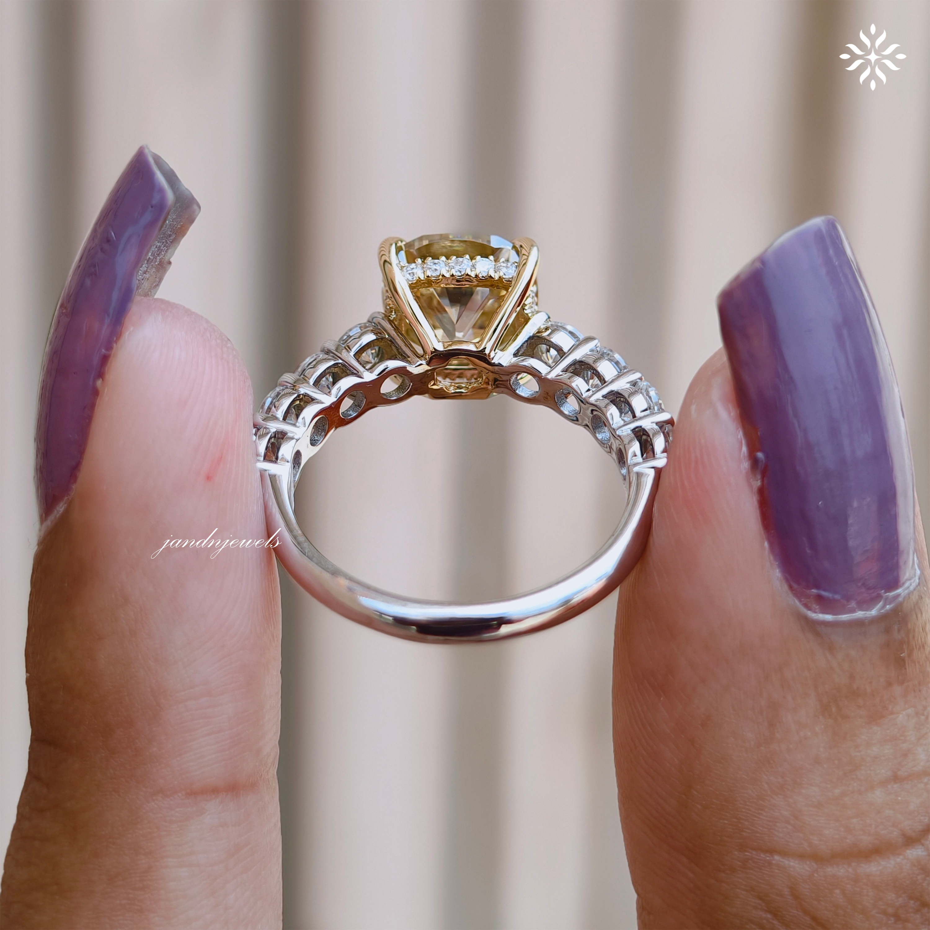 Fancy Intense Yellow Cushion Cut Lab Grown Diamond Engagement Ring Two Tone Ring Hidden Halo Ring Cathedral Setting Ring
