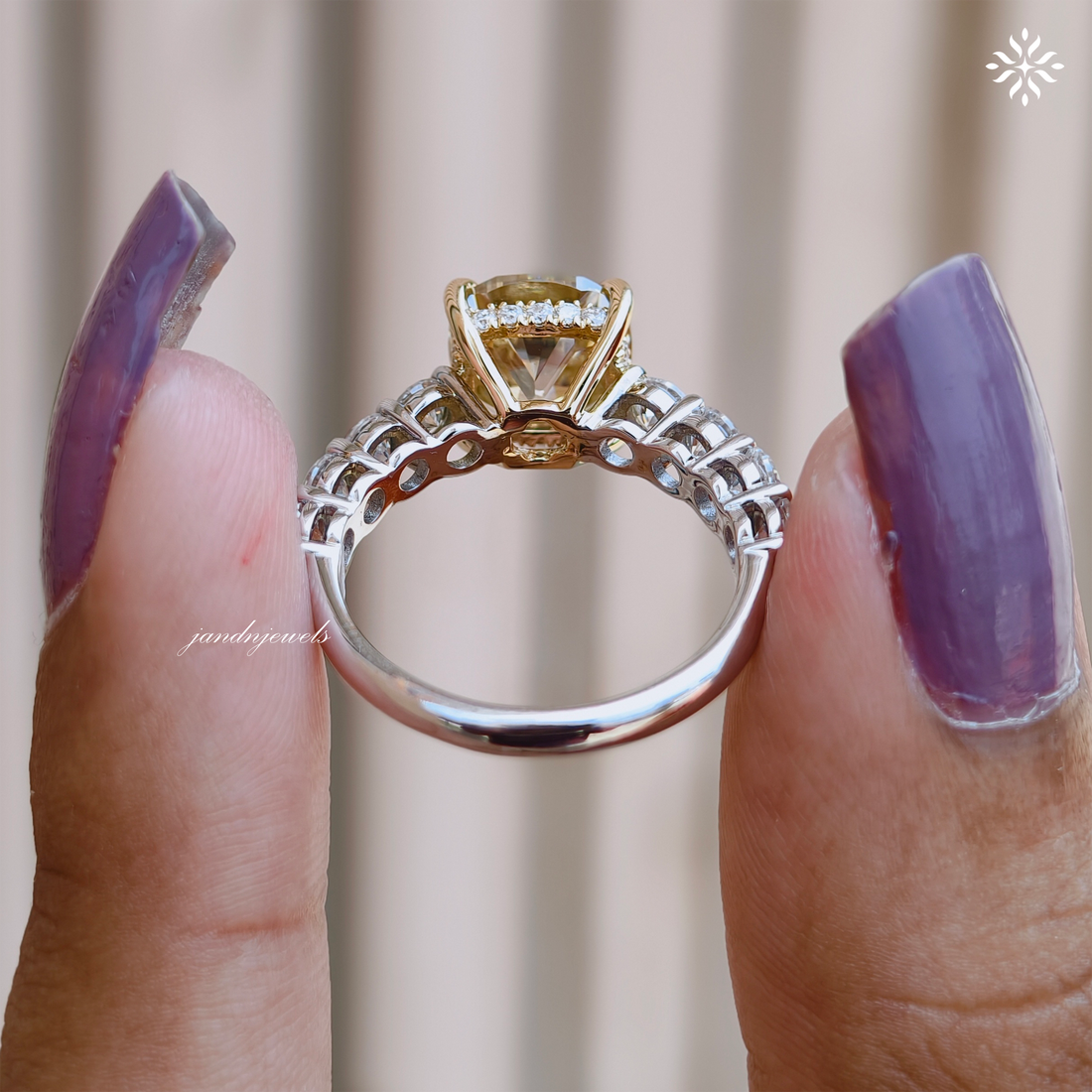 Fancy Intense Yellow Cushion Cut Lab Grown Diamond Engagement Ring Two Tone Ring Hidden Halo Ring Cathedral Setting Ring