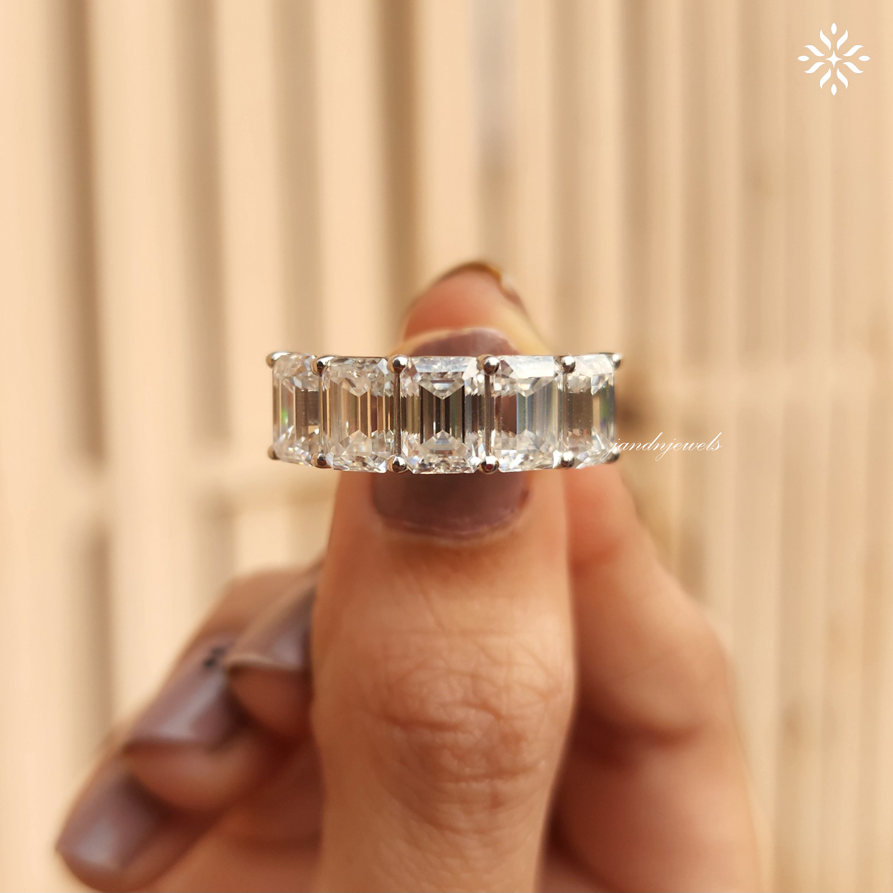 5 Stone Emerald Cut Moissanite Ring, Emerald Cut Solitaire Band, 5 Stone Emerald Cut Half Eternity Band, Promise Stackable Eternity Ring