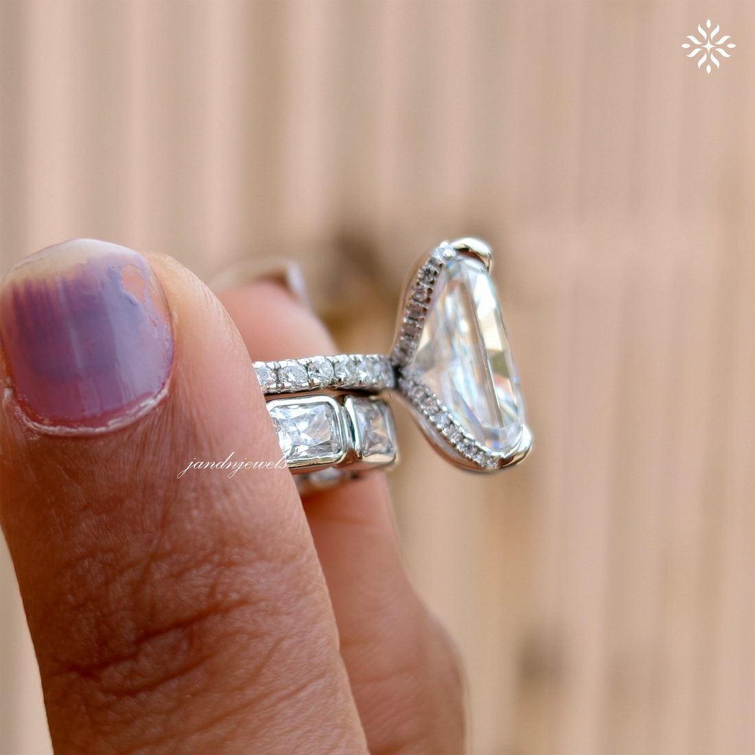 Radiant Cut Moissanite Bridal Set For Women Horizontal Radiant Cut Matching Full Eternity Band Hidden Halo Promise Ring Set Bridal Ring Set